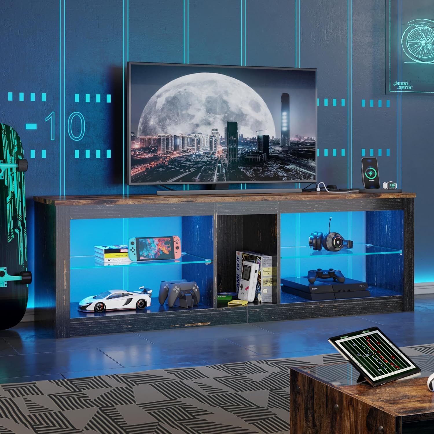 Bestier Moderno Mueble para TV de 140 cm, para TV con Estante de Cristal, Iluminación LED RGB para Televisores de 65 Pulgadas, para TV con Luces Ambientales para Sala de Estar y Dormitorio