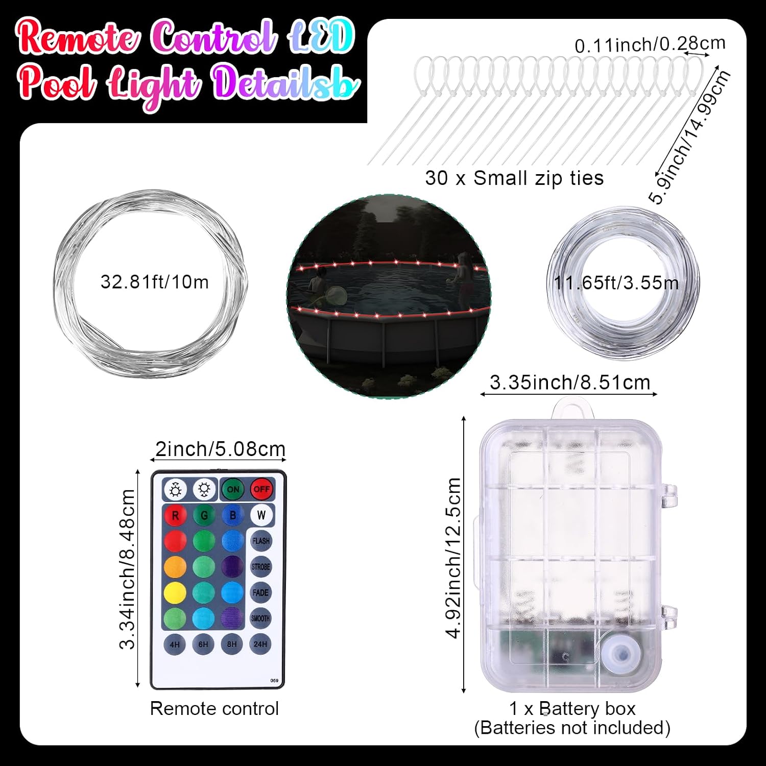 JaGely 10 Ft Round Pool Cover and 32.8 Ft Pool Lights for Above Ground Pools Waterproof Solar Covers Summer Pool Cover Protector with Remote Control LED Pool Lights for Outdoor Swimming Pool
