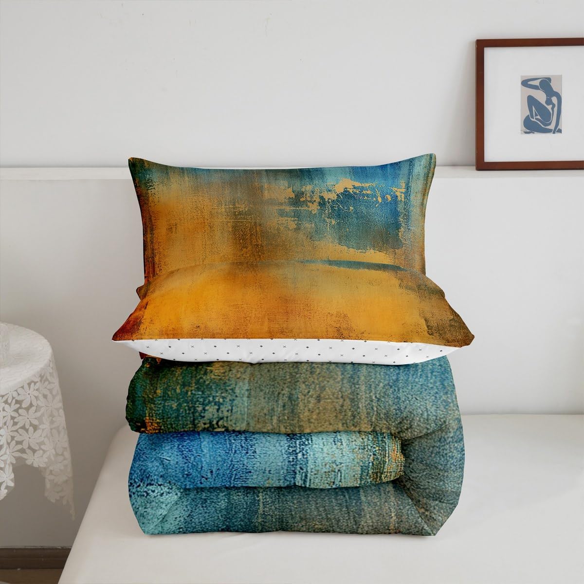 Erosebridal Grunge Bedding Set King Size Retro Ombre Comforter Set for Kids Men Women Rainbow Oil Painting Beige Light Blue Comforter All Season Duvet Quilt