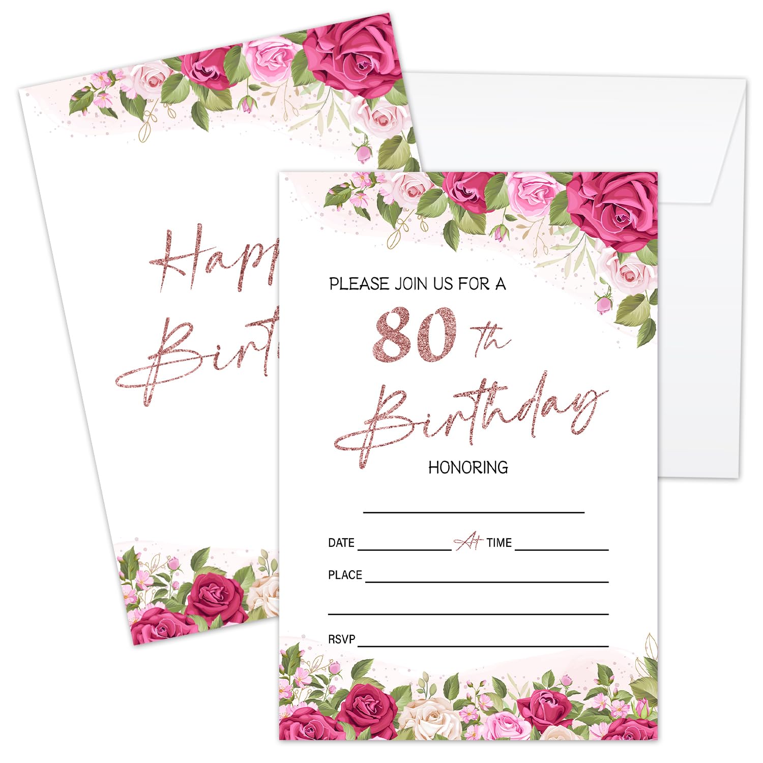 Zyoge 80th Birthday Invitations, 80 Years Old 20 Set Double-Sided Blank Invites Cards & Envelopes For Women Men Adults, Floral Birthday Party Favor