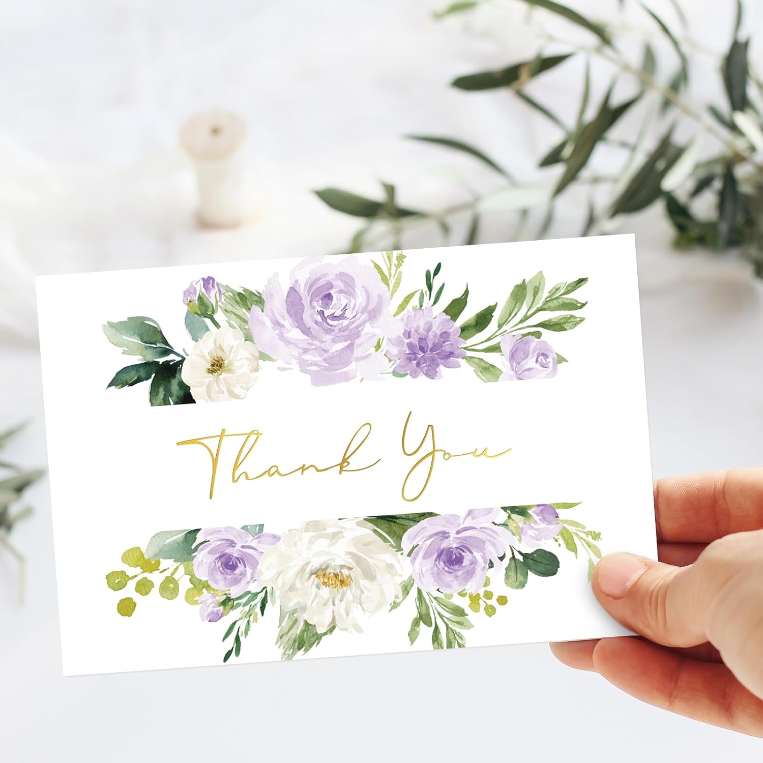 Whaline 24 Pack Floral Thank You Cards Bulk Watercolor Purple Flower Foil Gold Thank You Note Cards with Envelope Sticker for Wedding Bridal Shower Birthday - Image 7