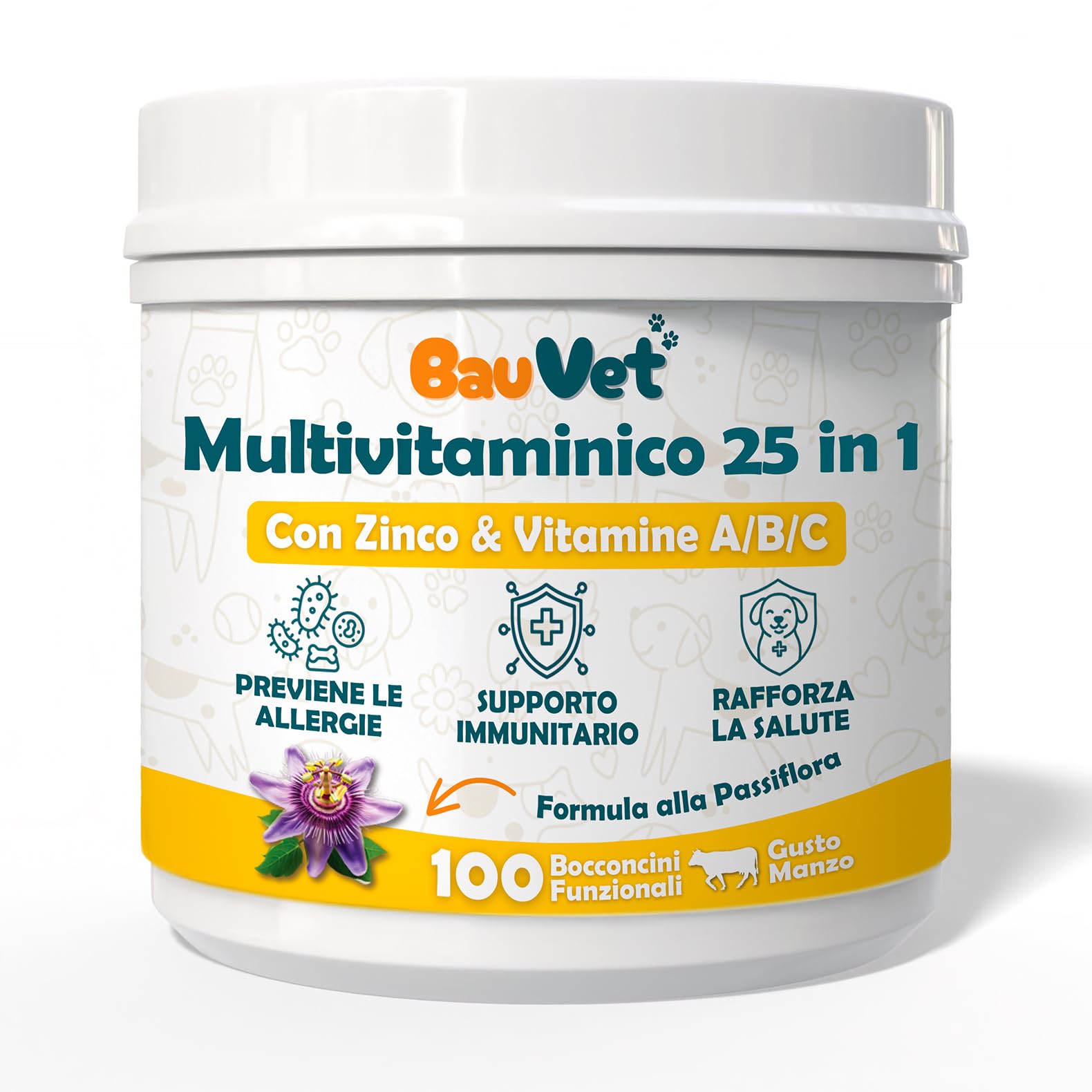 Multivitaminico per Cani 25 in 1 | Integratore Naturale Completo con Vitamine e Minerali | Supporto Immunitario, Energia, Pelo, Articolazioni |100 Bocconcini Gusto Manzo