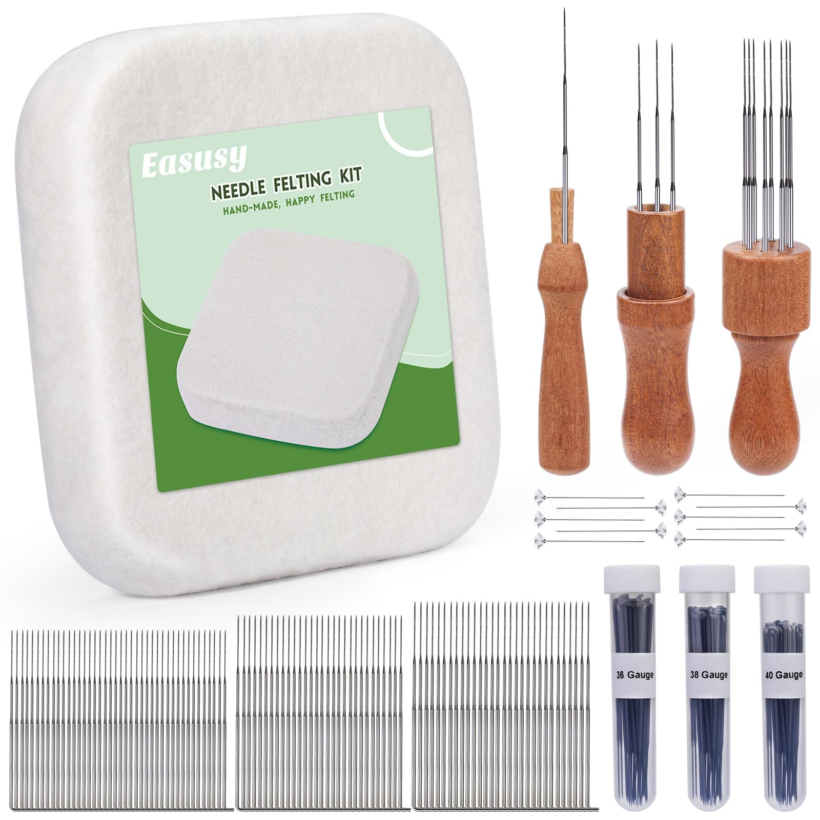 Easusy Needle Felting Tools, 66 Inch Needle Feting Pad, 102 Pcs Felting Needles, Felting Tools with 3 Size Wooden Handle Holder for DIY Wool Felting Projects