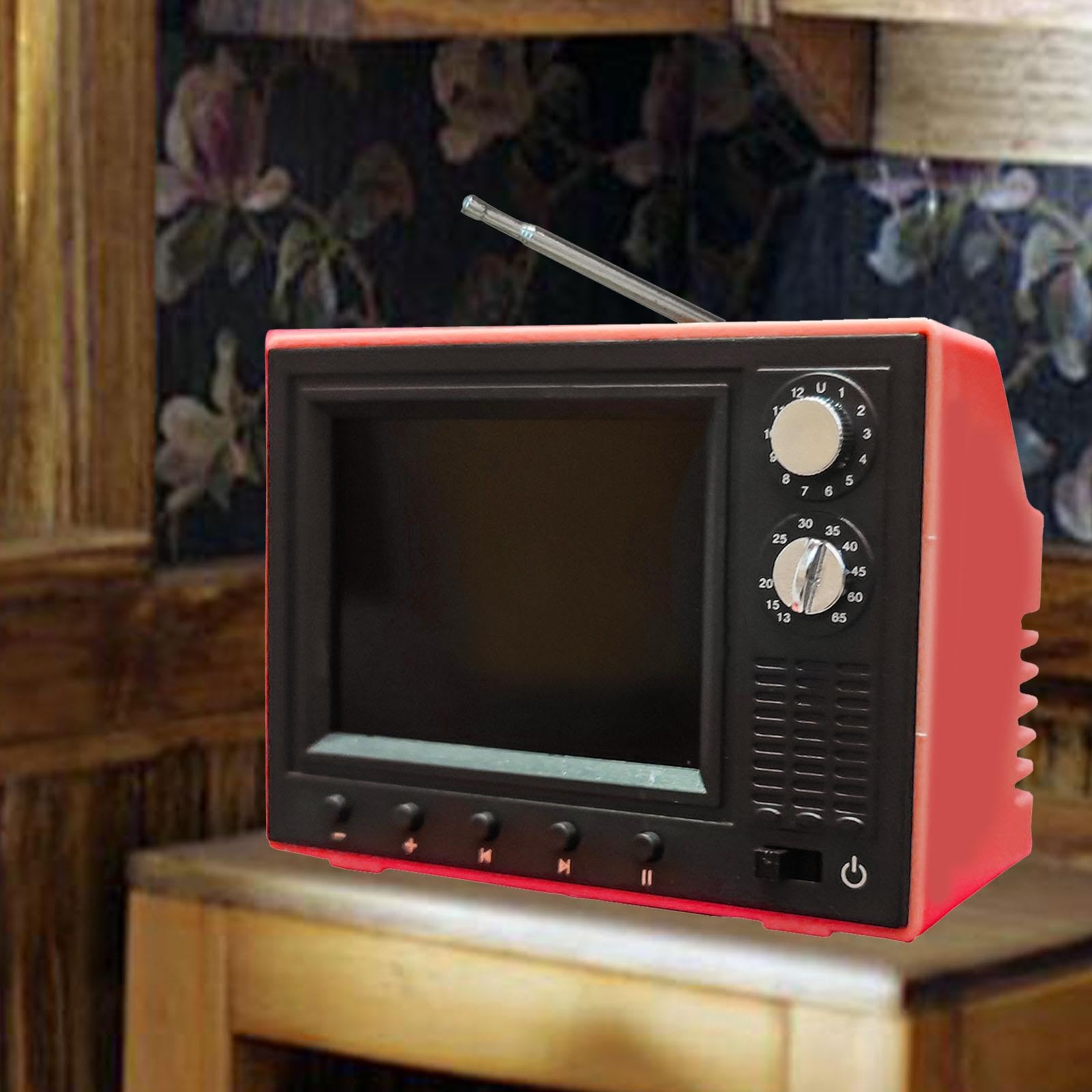 Sharplace Puppenhaus-Fernseher im Maßstab 1:12, winziger, spielbarer Fernseher im Retro-Stil für Mädchenpuppen, Geschenk, Puppenhausmöbel-Zubehör, Rot