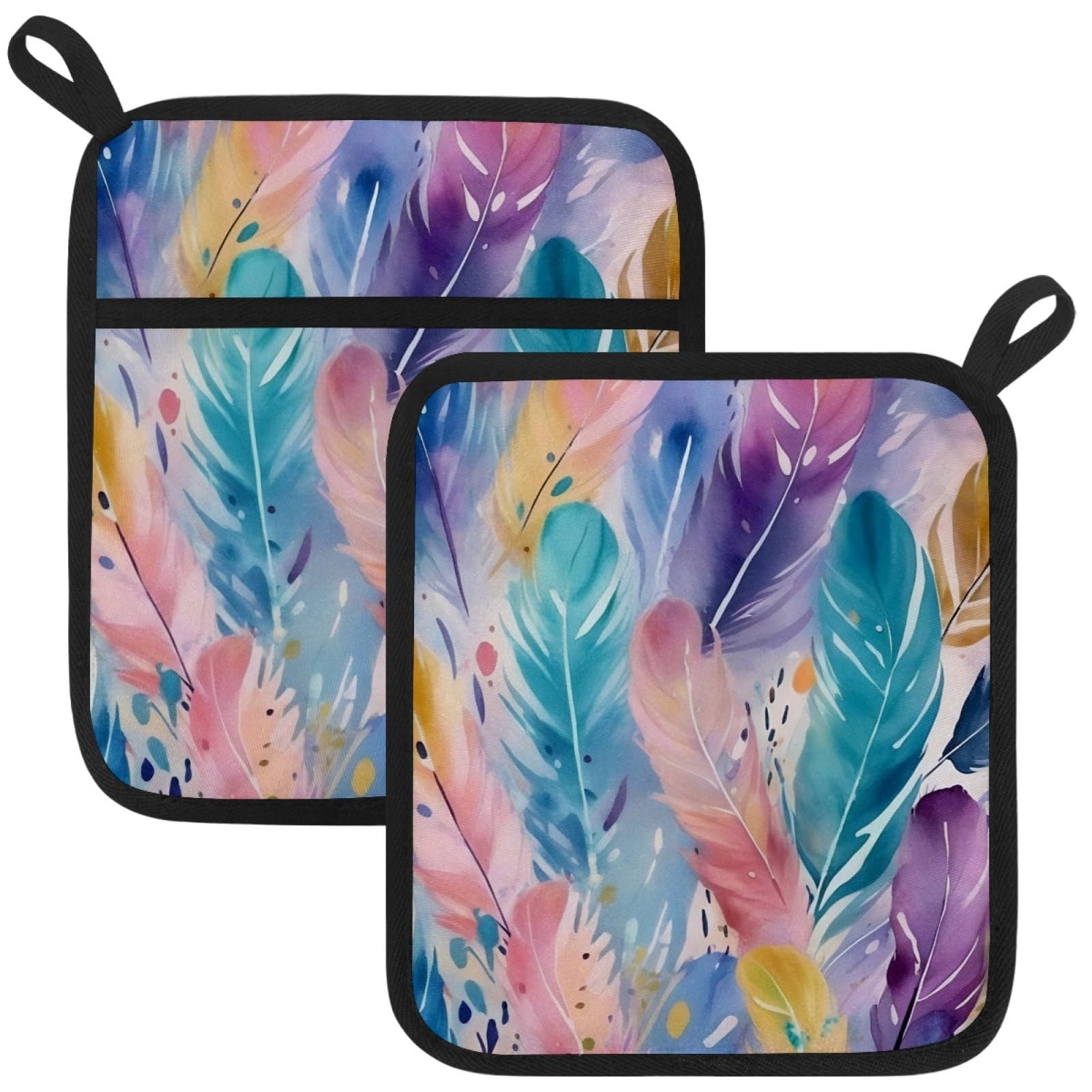 VAPOKF Colored Feathers Pot Holder, Heat Resistant Oven Cloths, Potholders & Oven Gloves, for Kitchen Cooking & Baking, Thick & Safe, Protection of Hands From Hot Utensils