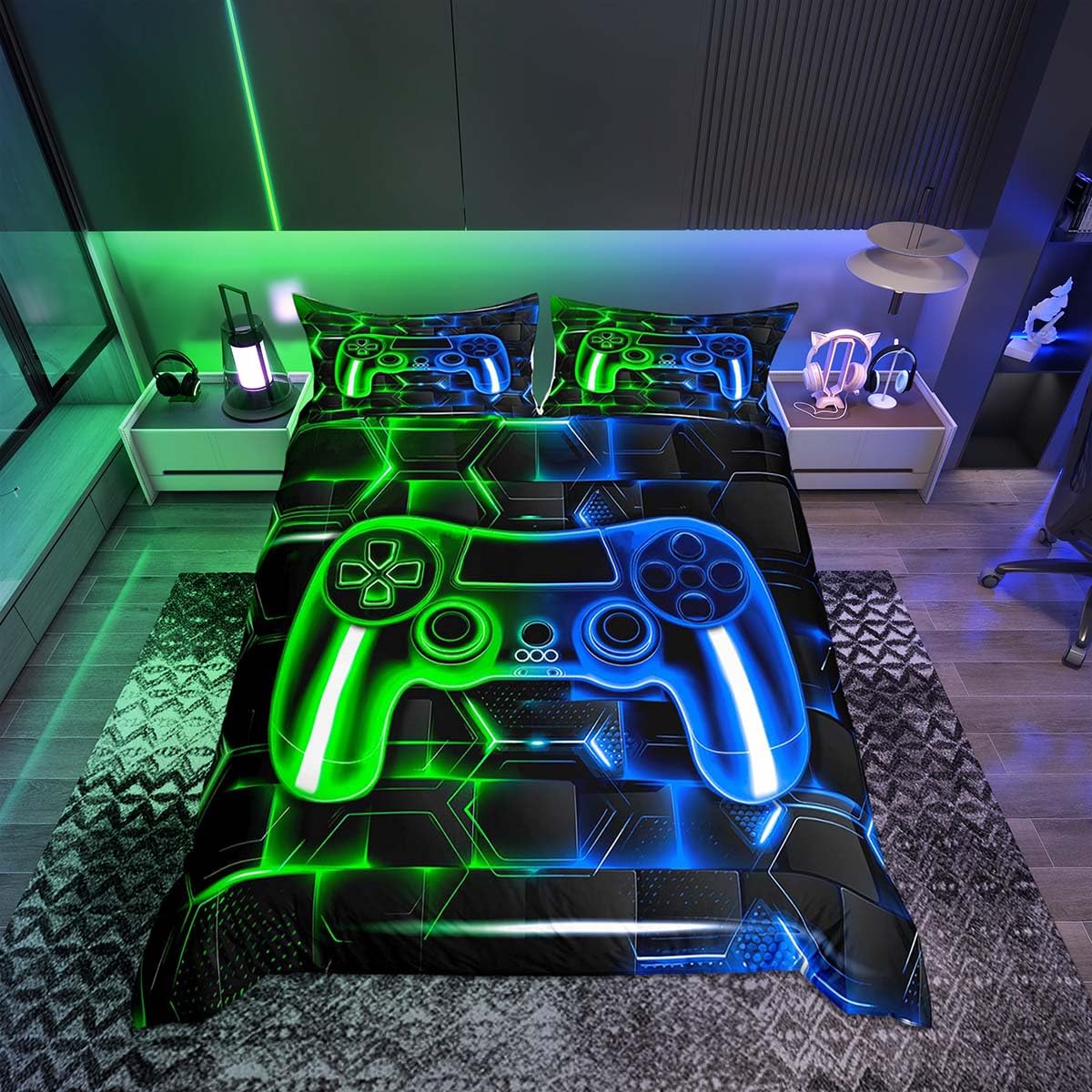 Homemissing Honeycomb Gamer Duvet Cover Set Cot Size For Kids Boys Girls Gaming Bedding Set Geometric Gameped Duvet Cover with 1 Pillowcase Blue Green Light Game Controller Bedding ā image 1
