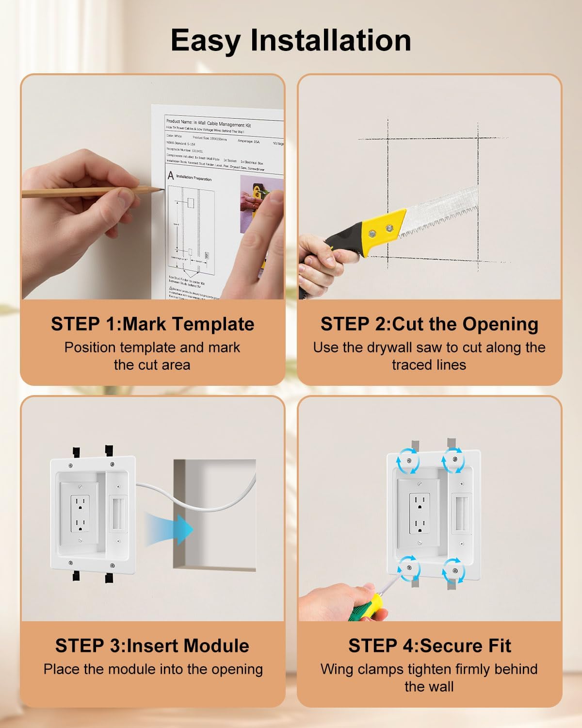 TV Cord Hider for Wall Mounted TV with Recessed Wall Outlet, In-Wall Cable Management Kit, DIY Installation Kit with Hardware (Only 2AC)