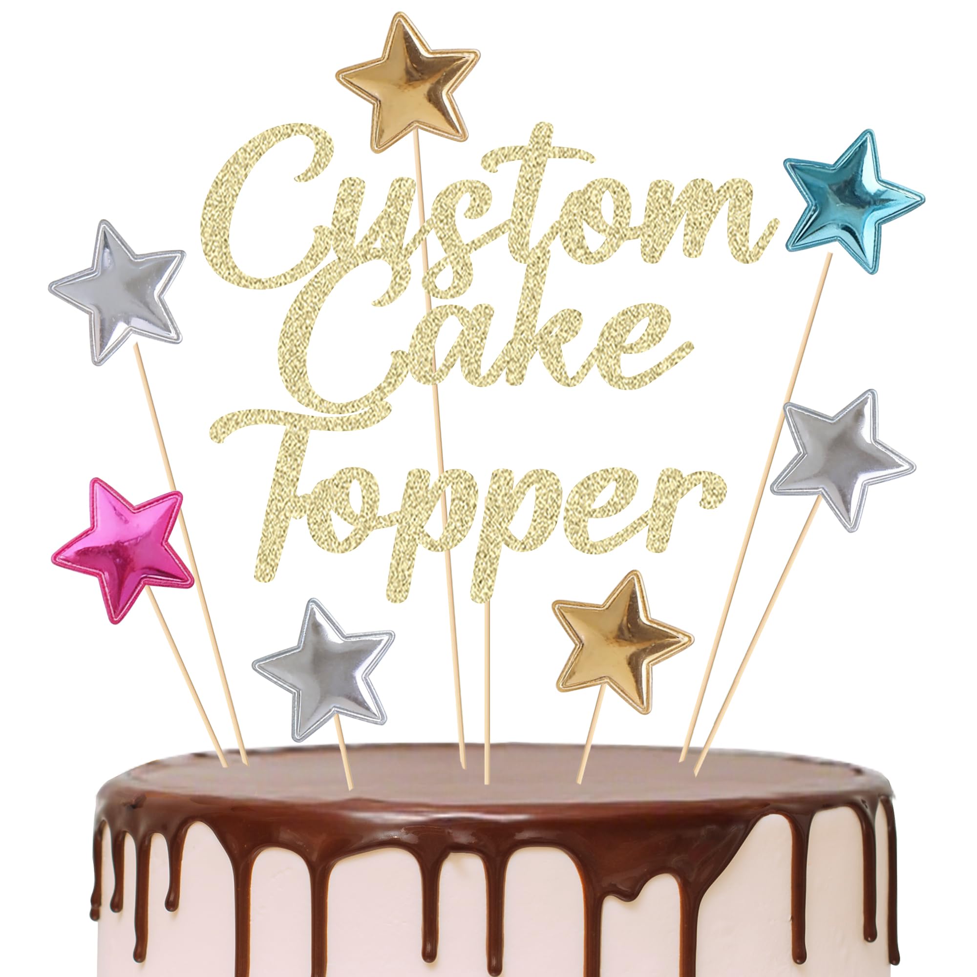 EDSG 7 Colorful Stars Personalised Cake Topper, 11 Colours Glitter Cake Topper with Any Text, Custom Cake Toppers Cake Decorations for Birthday Graduation Wedding Babyshower