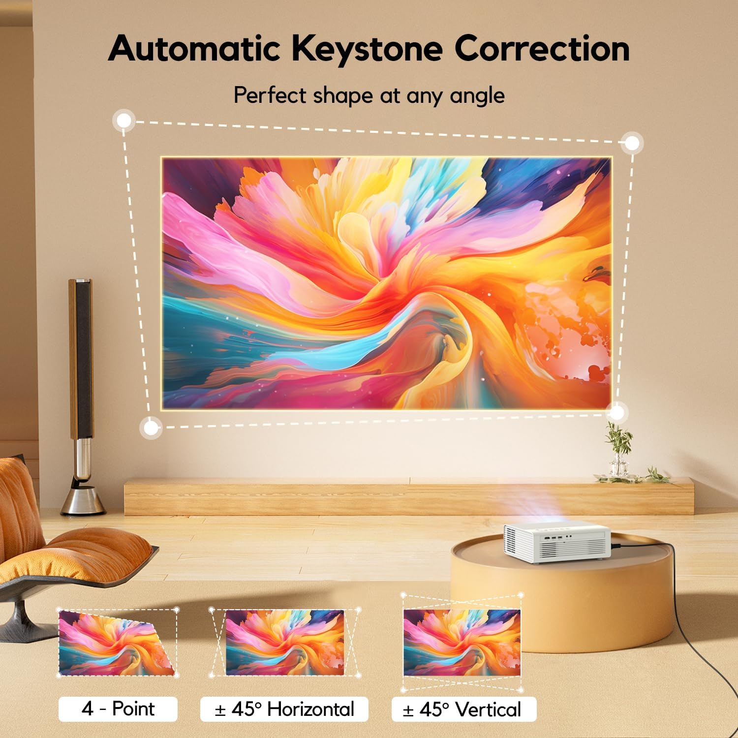Projector displaying a perfectly rectangular image with options for 4-point, horizontal, and vertical keystone correction