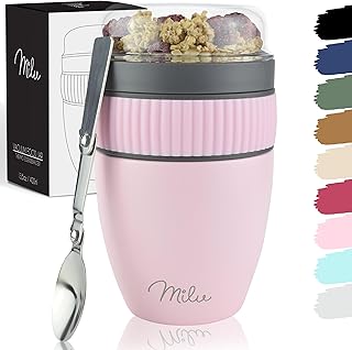 Milu Müslibecher to go 400ml MüsliMax I isolierter Edelstahl Joghurtbecher für Müsli I auslaufsicherer Becher mit Löffel für Yoghurt/Porridge (Rosa)