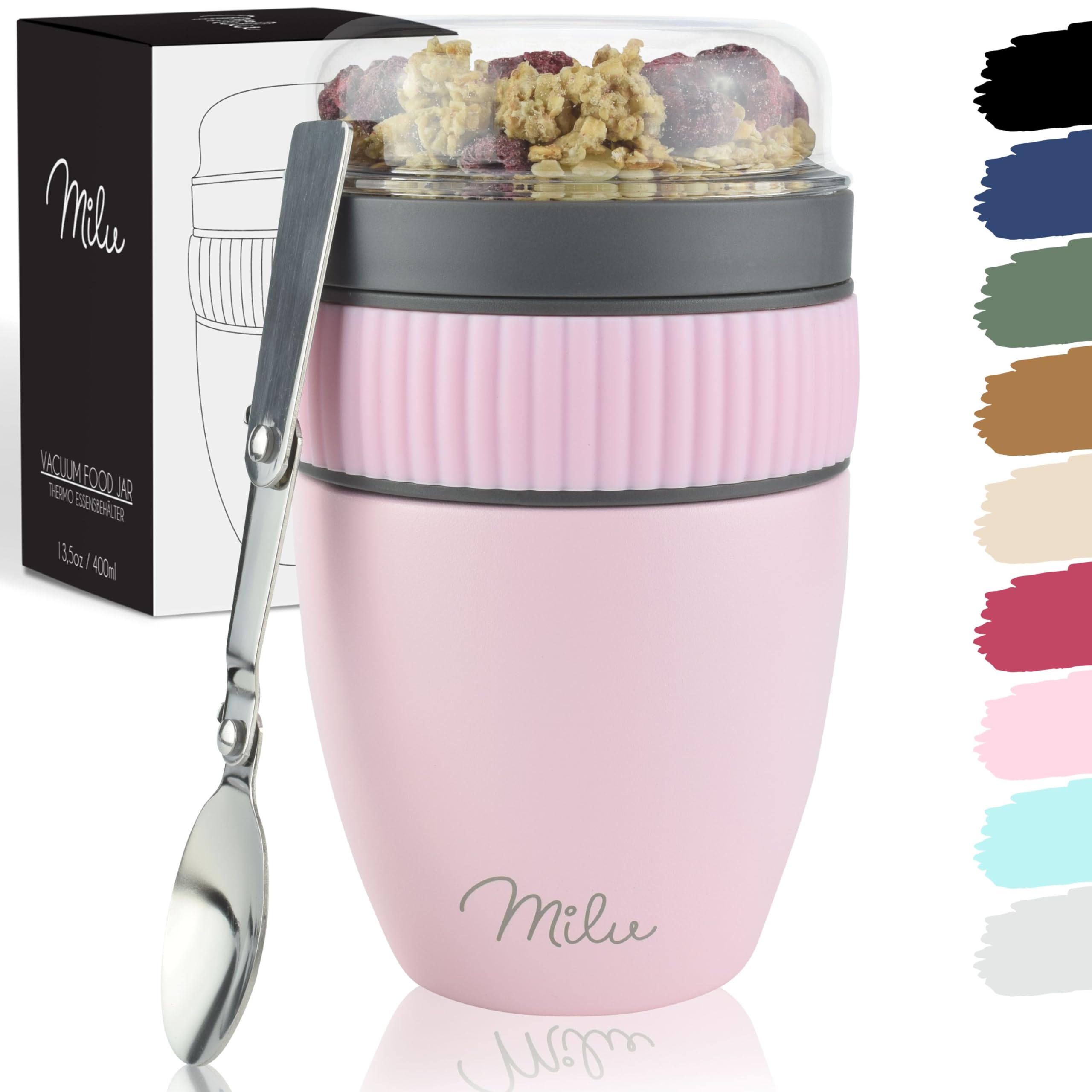 Milu Cereal Cup to go 400ml I insulated yoghurt cup for muesli I leak-proof cup with spoon for yoghurt/porridge (Rose Gold)