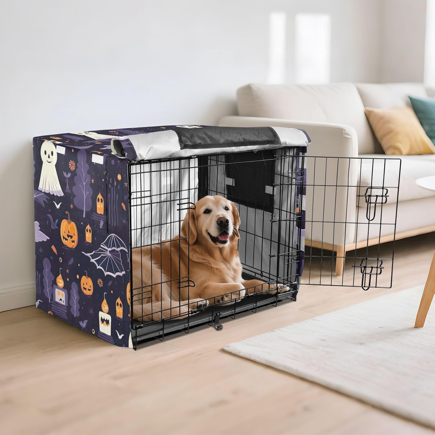 Halloween Ghosts Print Dog Crate Cover UV-Resistant, S-XL Wind-Resistant Cage Cover for Indoor Pets, Large