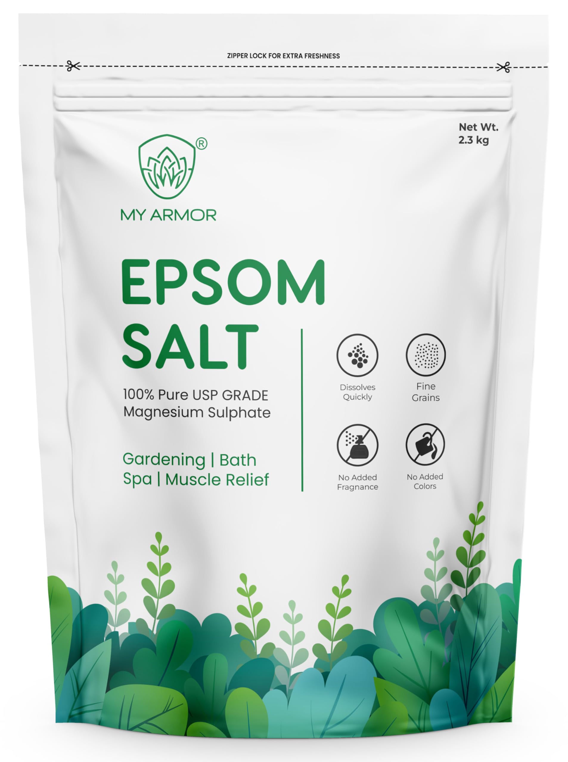 MY ARMOR Epsom Salt for Bath - 2.3 kg, Magnesium Sulphate for Plants, Ideal for Gardening and Muscle Relief, Relieves Aches and Pains | USP Grade Bath Salt | White, Pack of 1