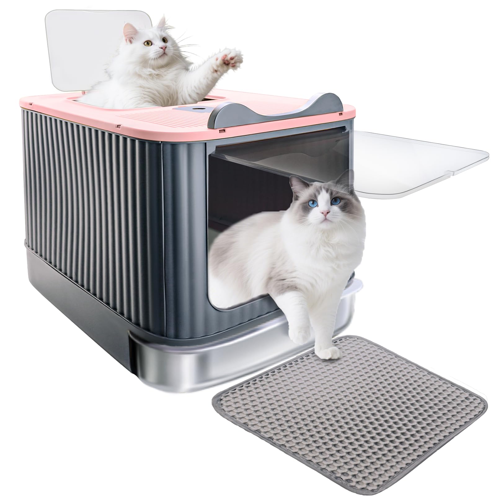 Stainless Steel Cat Litter Box with Litter Mat, 17"x14"x13" Large Litter Box for Big Cats, Enclosed Removable Litter Boxs, Front Entry Top Exit Kitty Box, Odor Control, Easy to Clean (Pink Gray)