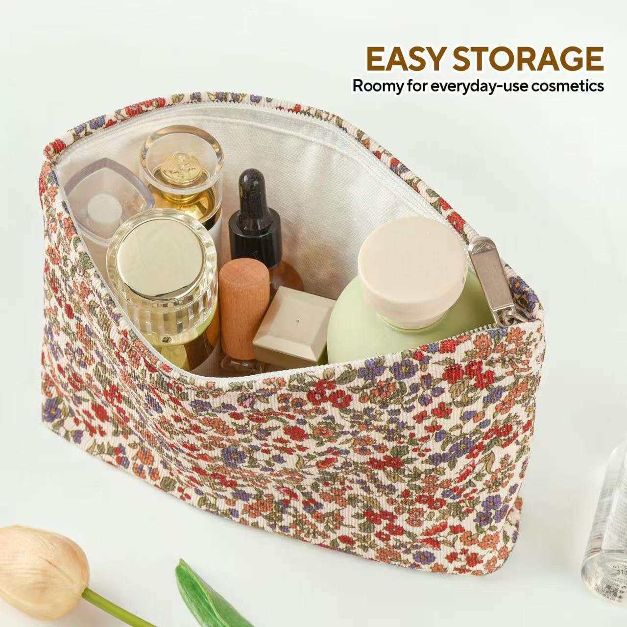 3Pcs Floral Makeup Bags, Cosmetic Bags for Women, Large Capacity Corduroy Makeup bag Set and Portable Mini Makeup Bag,Aesthetic Women Handbags Purses, Travel Essentials Aesthetic Stuff (Floral 01) - Image 6