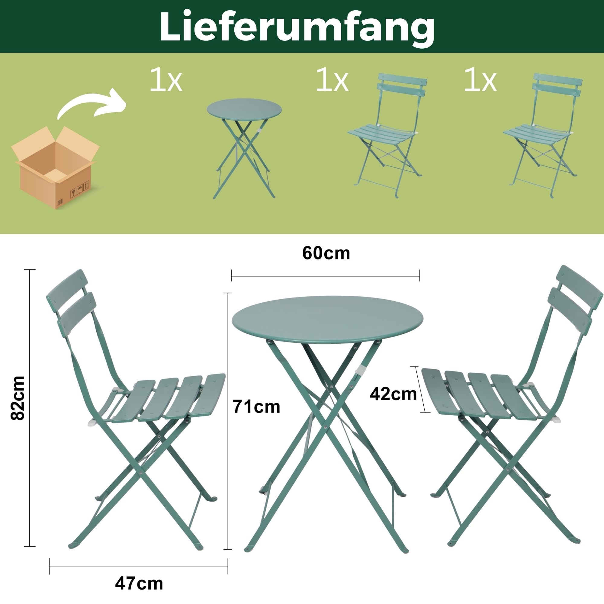 ALBATROS Set da bistrot 3 pezzi verde – tavolo da bistrot con 2 sedie – sedie pieghevoli e tavolo in metallo robusto – ideale come set di mobili da balcone o mobili da giardino dal design moderno