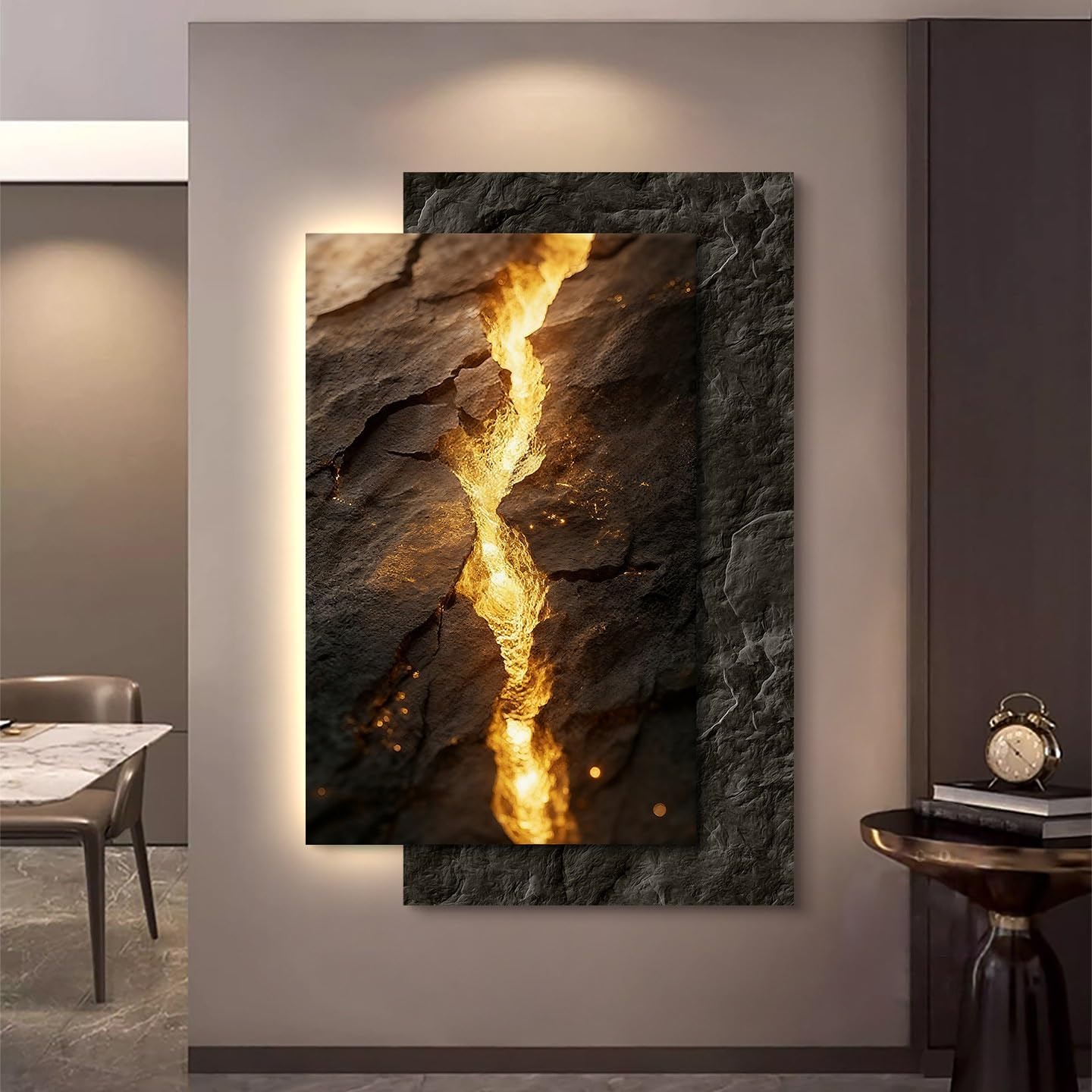 Remote Control Modern Wall Art - UV Carved Crystal Porcelain Decor with Warm LED Light, Gold Flow Texture for Living Room & Bedroom Ambiance Enhancement