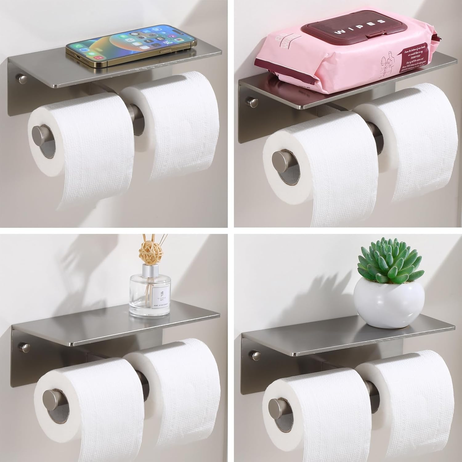 Toilet Paper Holder - Double Rolls Toilet Tissue Holder with Phone Shelf for Bathroom - TP Roll Holder with Wipes Storage, Wall Mounted by Adhesive Tape No Drilling or Screw - Brushed Nickel