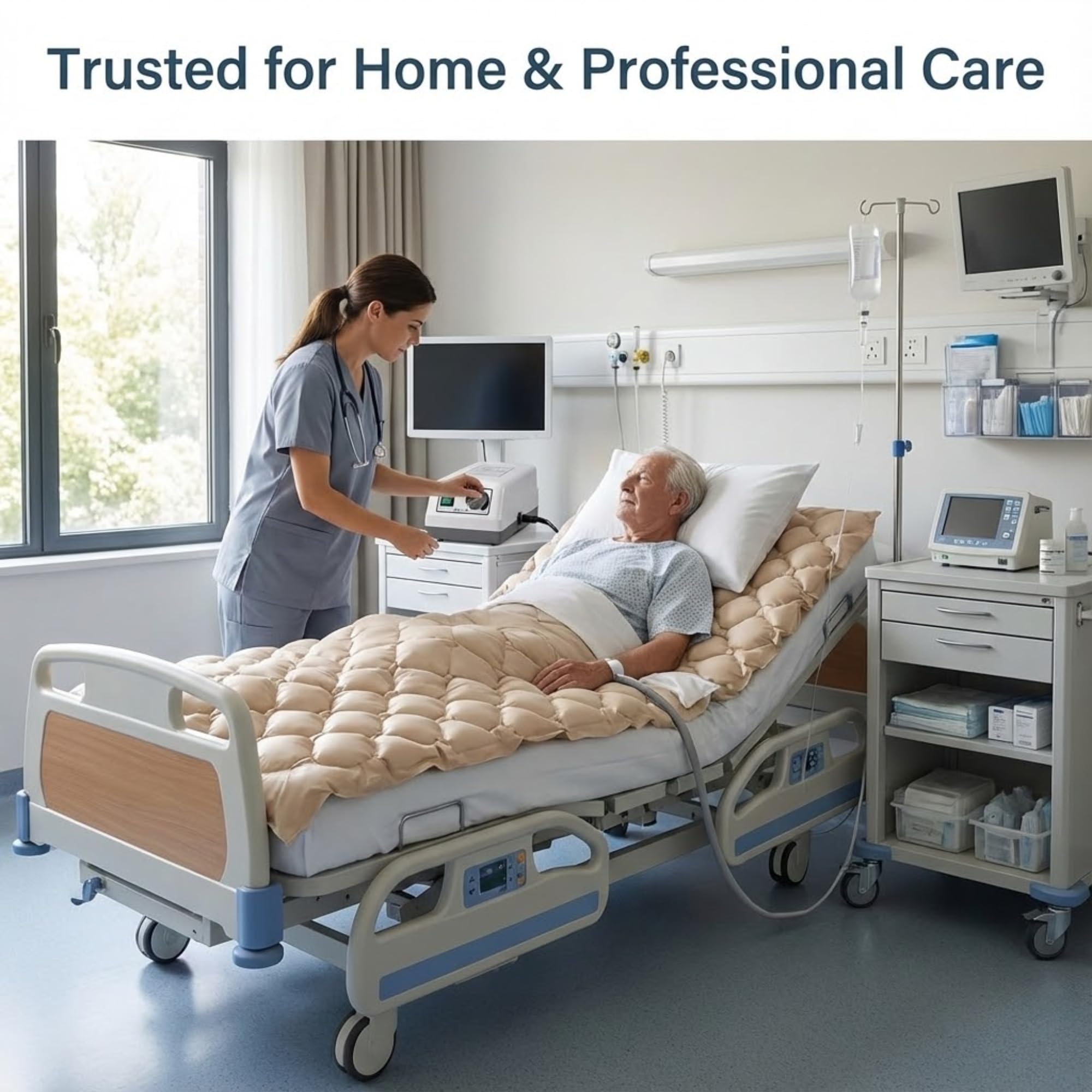 Materasso antidecubito ad aria alternata con compressore silenzioso 200 x 90 x 7 cm – PVC medico ignifugo, 130 celle, prevenzione e trattamento delle piaghe da decubito a letto, ospedale e domicilio |