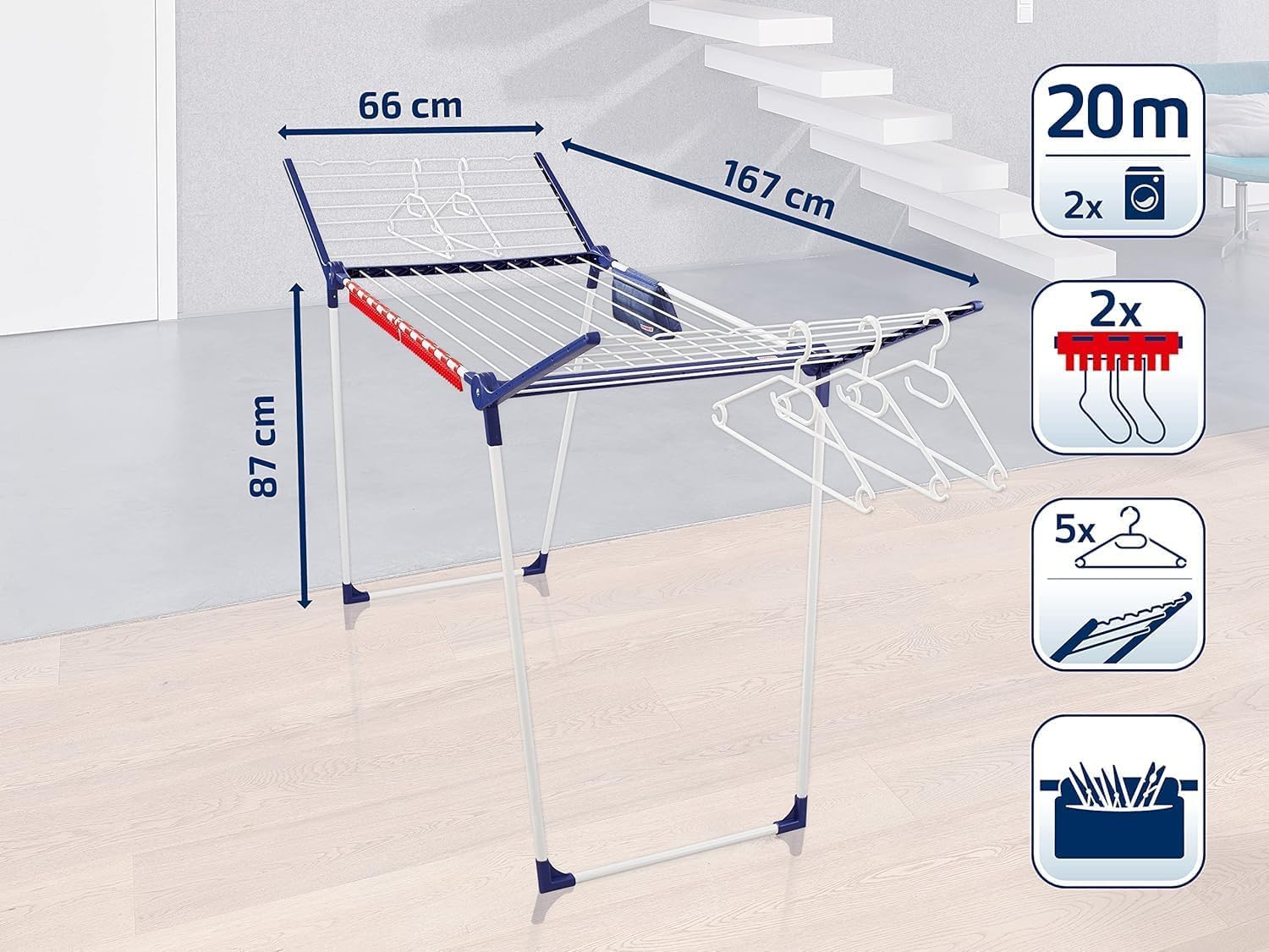Leifheit Standtrockner Pegasus 200 Solid Comfort mit 20m Trockenlänge, Flügelwäschetrockner für lange Wäschestücke, Wäscheständer mit Bügelstangen, Trockenständer klappbar, Indoor und Outdoor