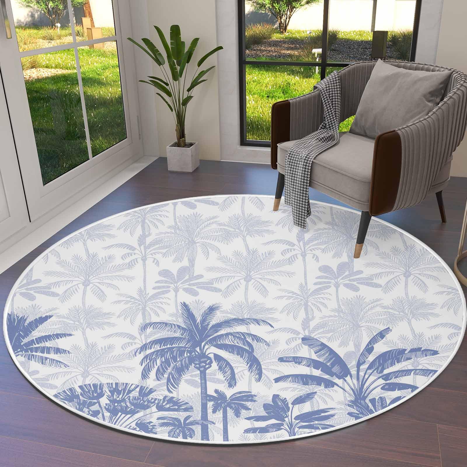 DecorLovee Blue Palm Trees Round Area Rugs 4ft - Soft Area Rug for Kids Room, Tropical Summer Botanical Washable Living Room Circle Rugs, Non-Shedding