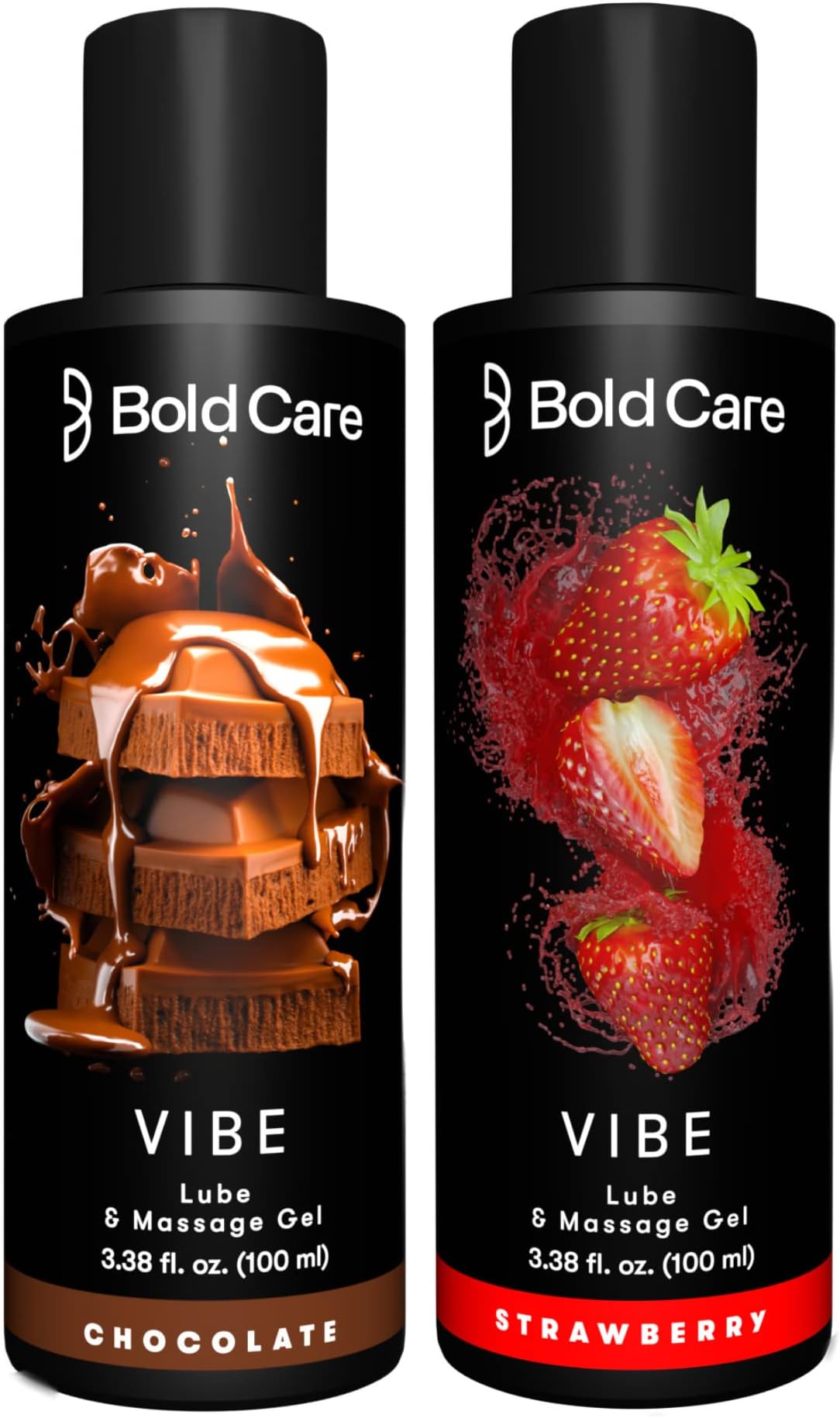 Bold Care Vibe Duo pack - Premium Chocolate Flavour + Strawberry Flavour - Natural Personal Lubricant for Men and Women - Premium Strawberry Flavour - Water Based Lube - 200 ml