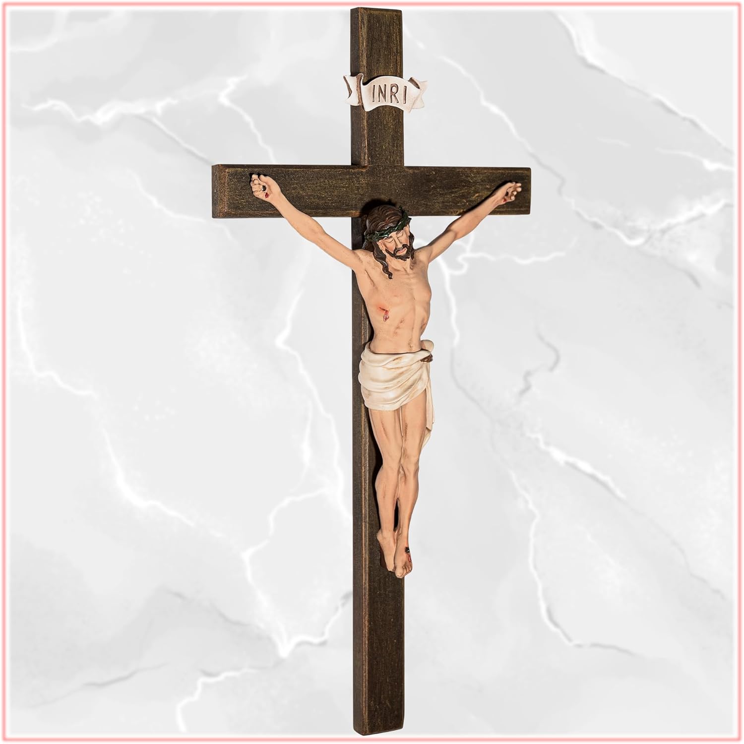 PLONKLY Crucifix Wall Cross - Hand Painted Jesus Wall Cross Catholic Home Decor, 14 Inches Wooden Catholic Crucifix for Wall Religious Wedding Gifts