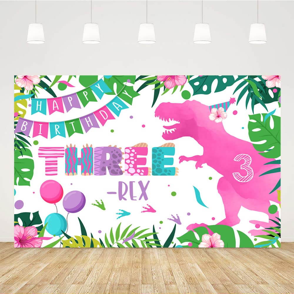 Three-rex Party Decor Sensfun Pink Dinosaur 3rd Birthday Backdrop ...