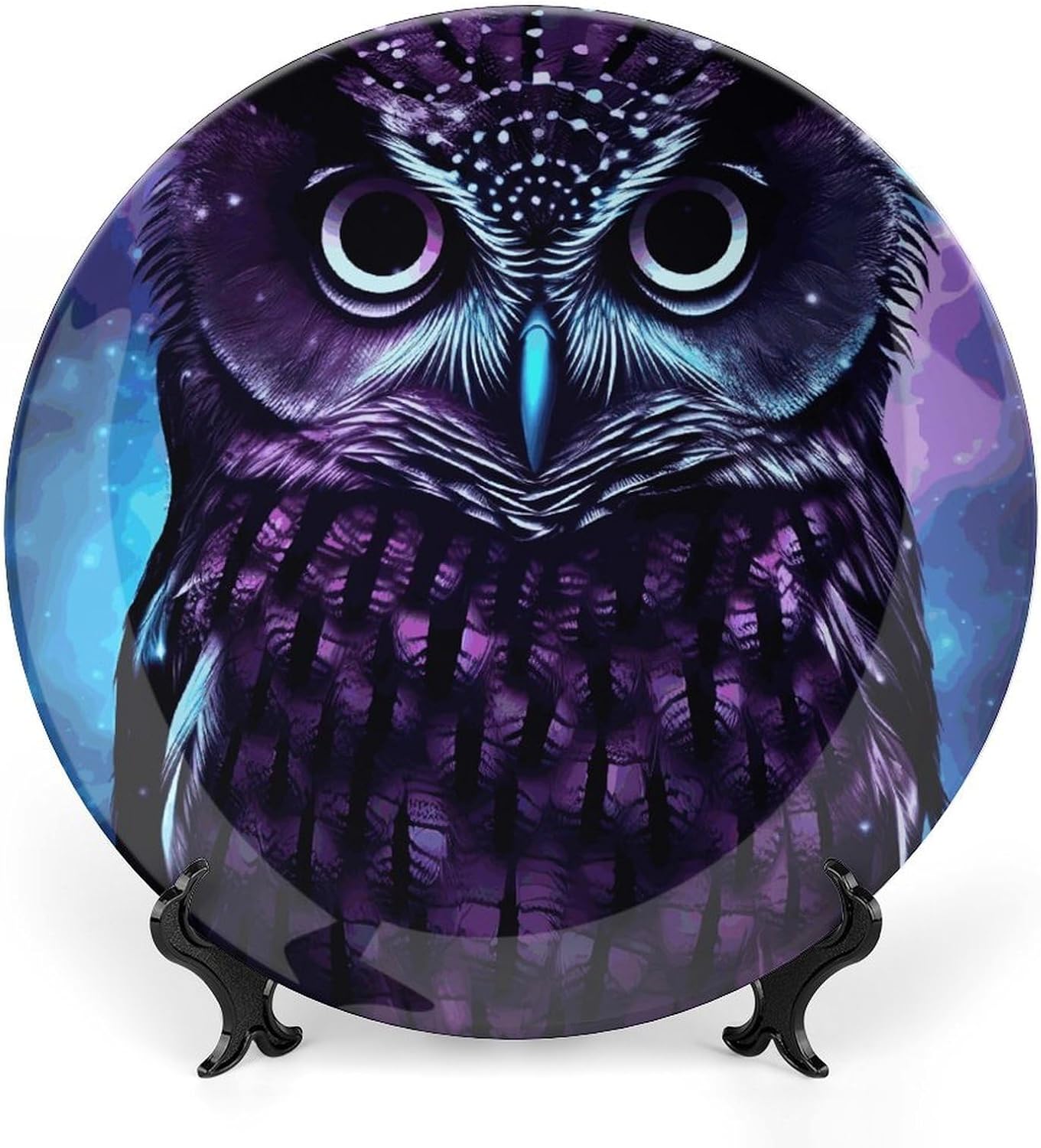 Purple Owl Ceramic Decorative Plate for Home, Bone China Plates | Chinese Style Decorative Dish with Stand, Dinner Plates Art Crafts for Wall Decor, Collections Plate with Hook 6inch