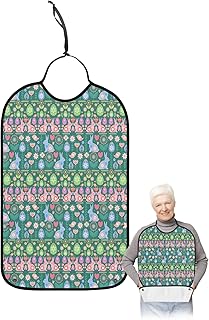 Kewadony Adult Bibs for Elderly Women - Easter Waterproof Dining Clothing Protectors with Crumb Catcher for Eating/Feeding, Bunny Easter Egg Flowers Bird Retro Green Terry Cloth Bib Machine Washable