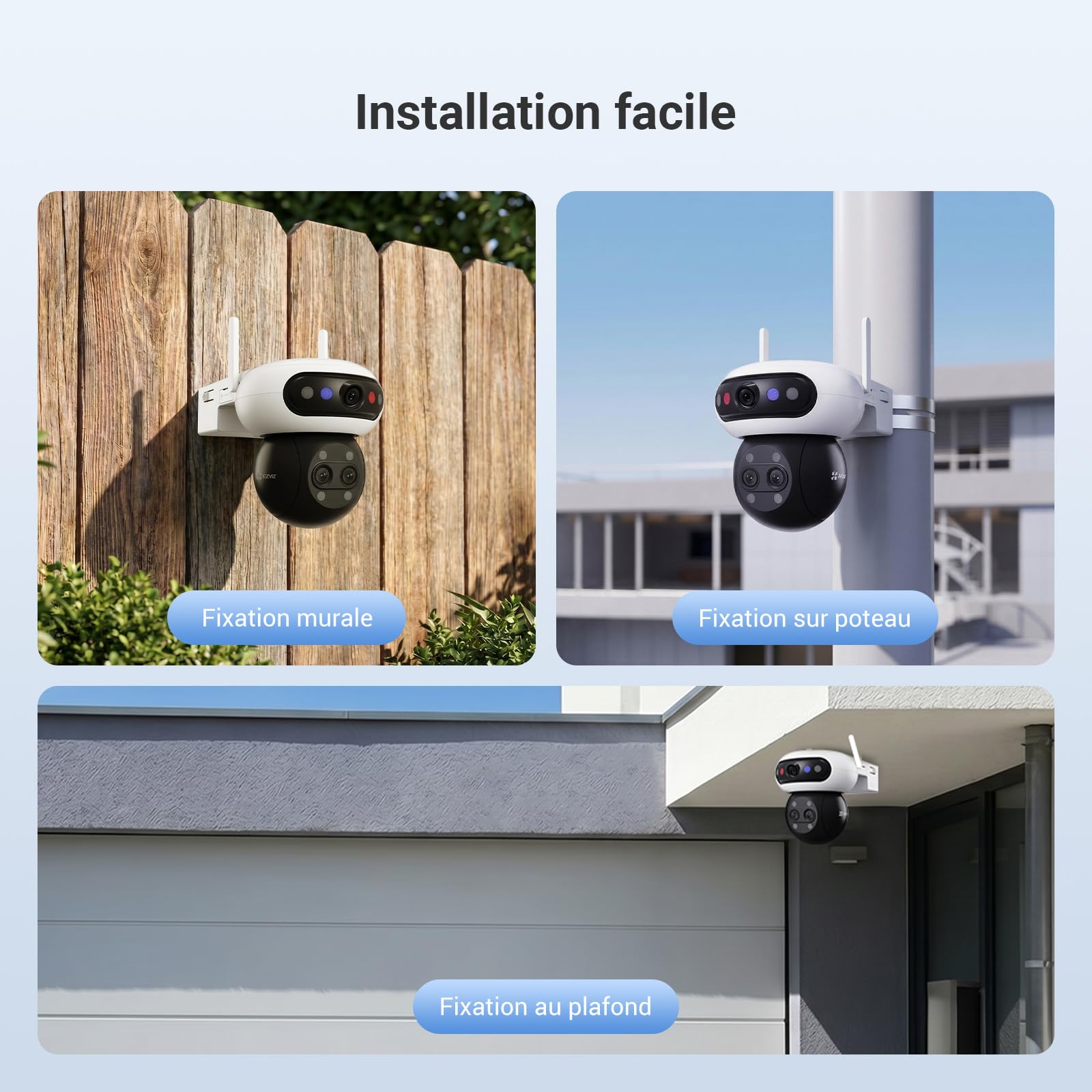 EZVIZ 3K(5MP) x 3 Caméra de Surveillance Extérieure Wi-FI à Triple Objectif, Reconnaissance Faciale Locale, Zoom Hybride x 12, Détection Personne/Véhicule, Vue Nocturne Couleur, Couverture 360°, C90f