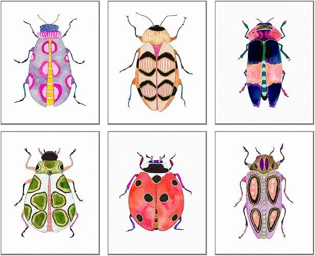 Colorful Insect Wall Art Prints,Watercolor Blue Beetle Ladybug Canvas Painting Colorful Insect Wall Art Poster for Kids Baby Room Decoration Home Decor Picture,Set of 6 (8"X10"inches,Unframed).