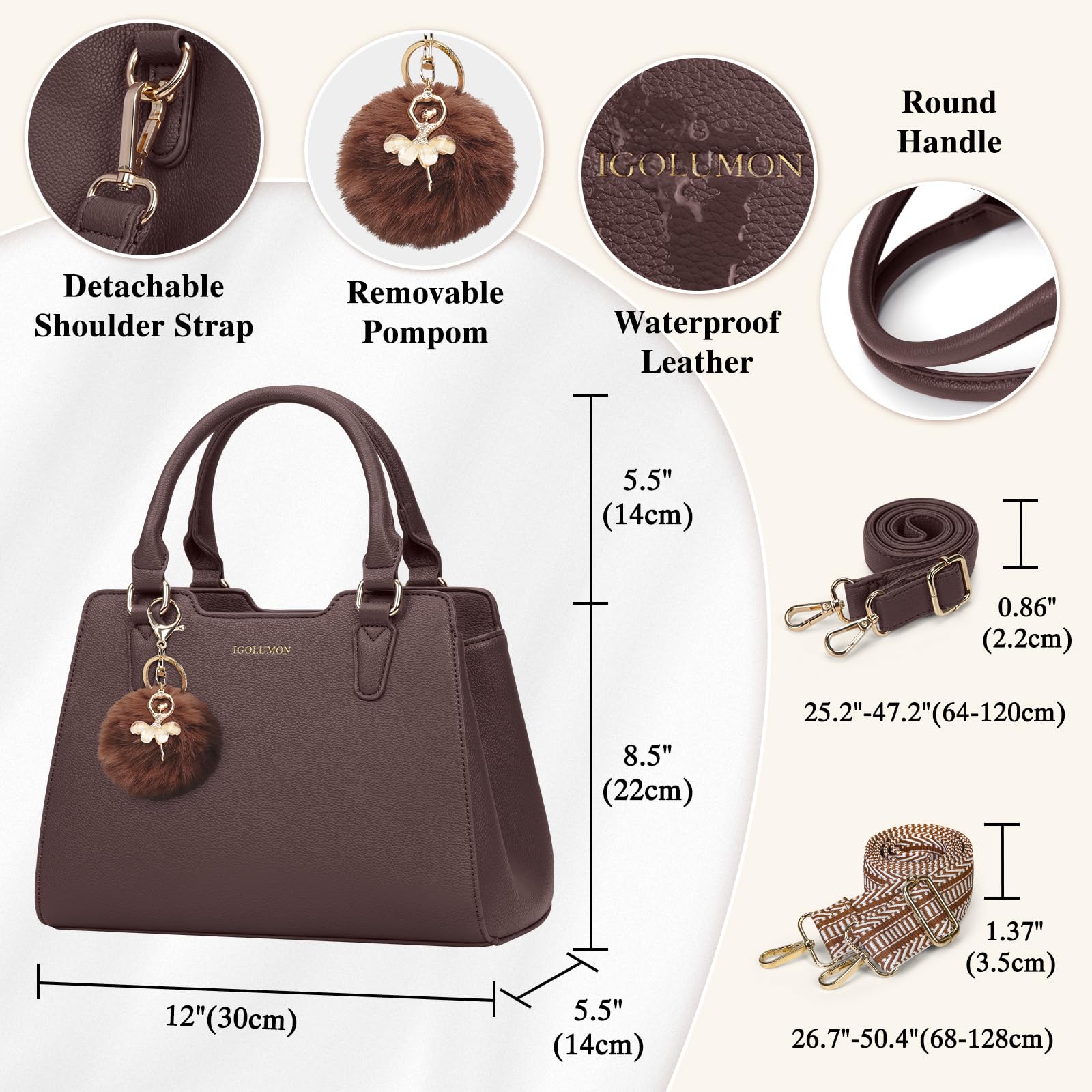 IGOLUMON Women's Top-Handle Handbags PU Vegan Leather Satchel Purses for Women Designer Tote Purse Handbag with Cute Pompom