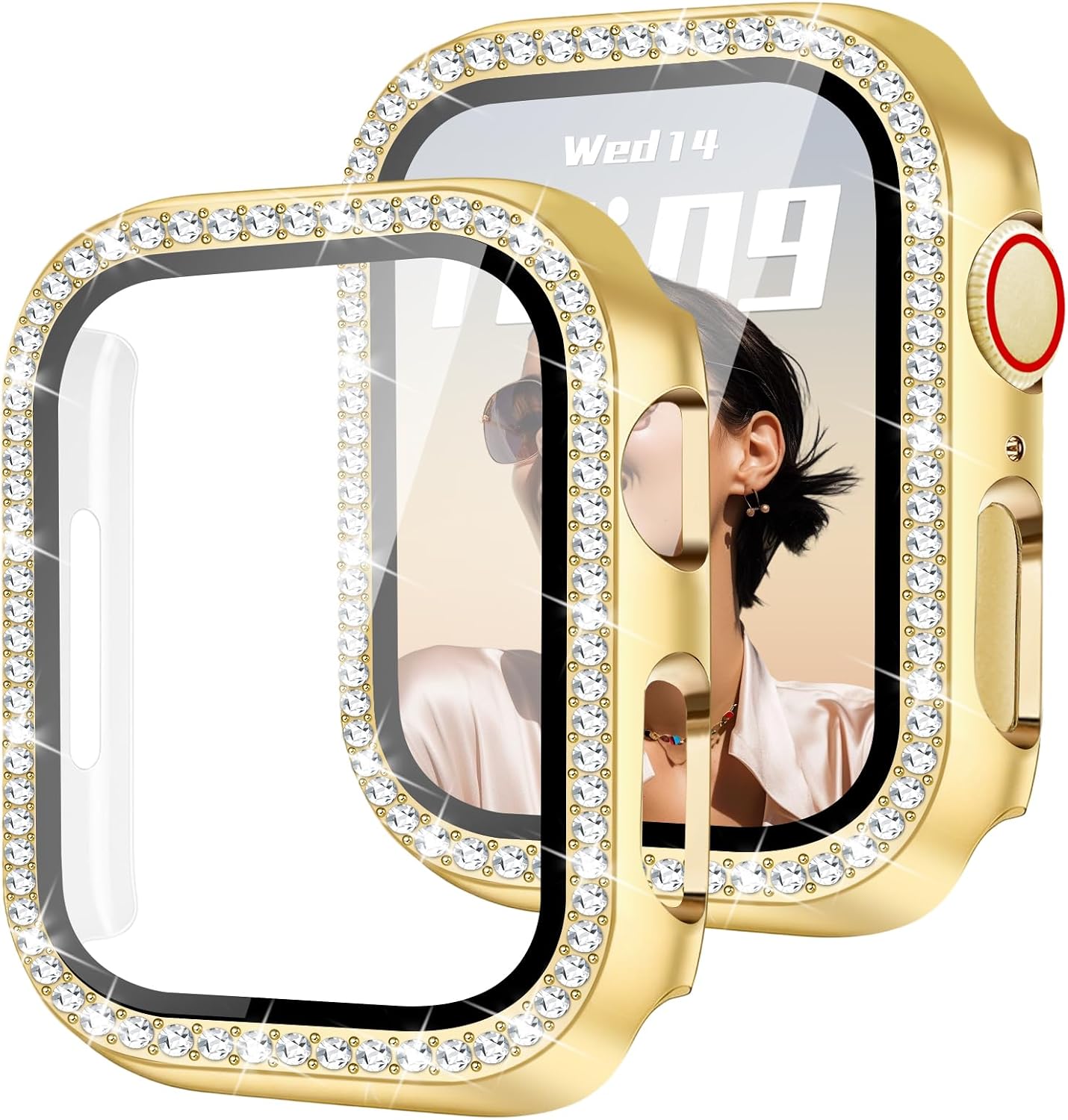 JR.DM Bling Case Compatible with Apple Watch Series 10/11 HD Screen Protector 42mm, Women Sparkling Diamond Rhinestone Bumper Protective Face Cover for iWatch Accessories, Gold