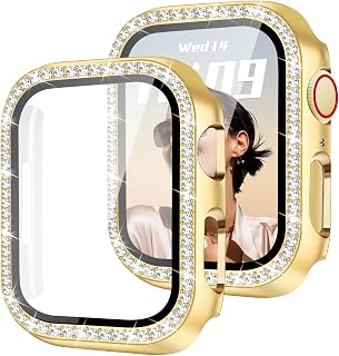 JR.DM Bling Case Compatible with Apple Watch Series 10/11 HD Screen Protector 46mm, Women Sparkling Diamond Rhinestone Bumper Protective Face Cover for iWatch Accessories, Gold