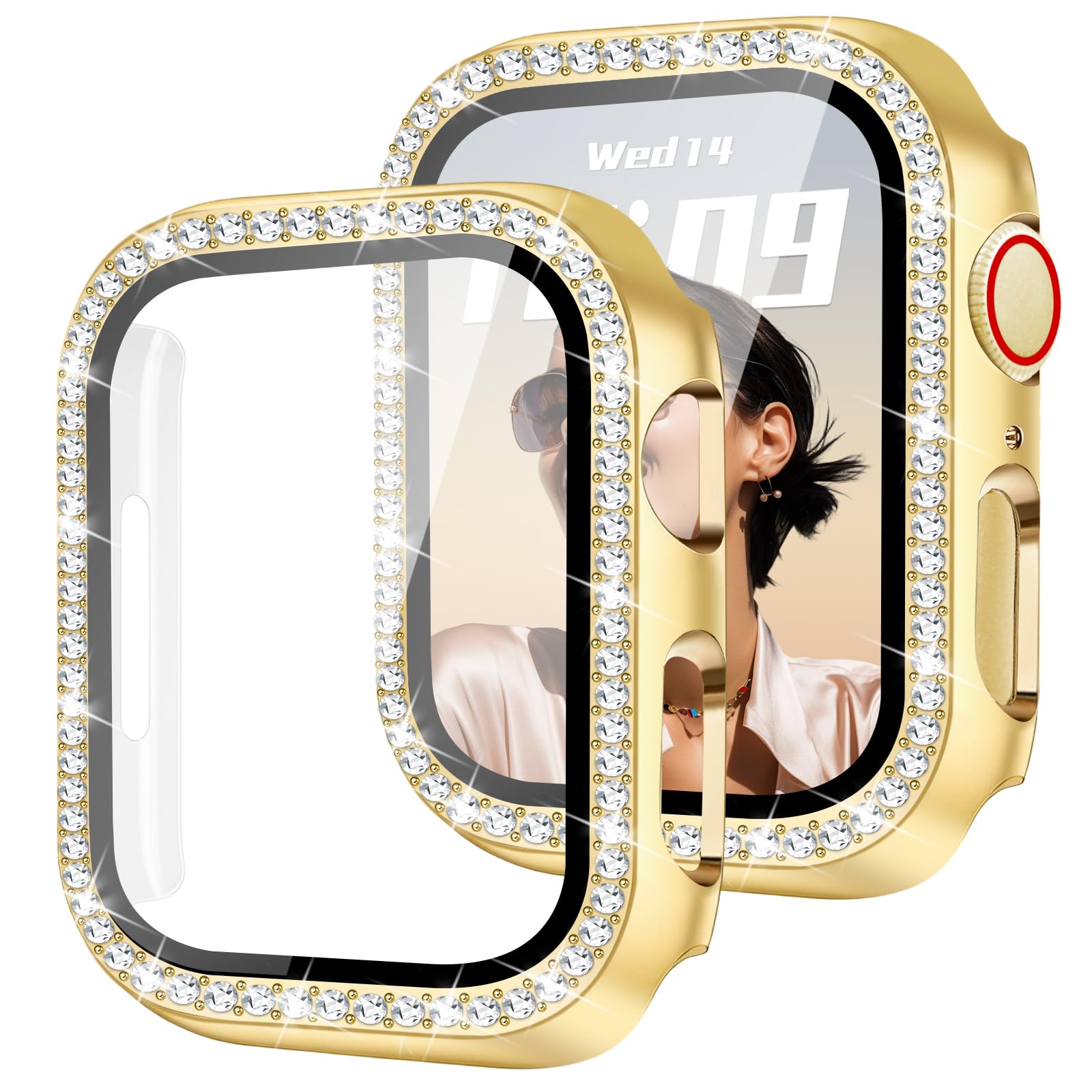 Photo 1 of JR.DM Bling Case Compatible with Apple Watch Series 10/11 HD Screen Protector 42mm, Women Sparkling Diamond Rhinestone Bumper Protective Face Cover for iWatch Accessories, Gold