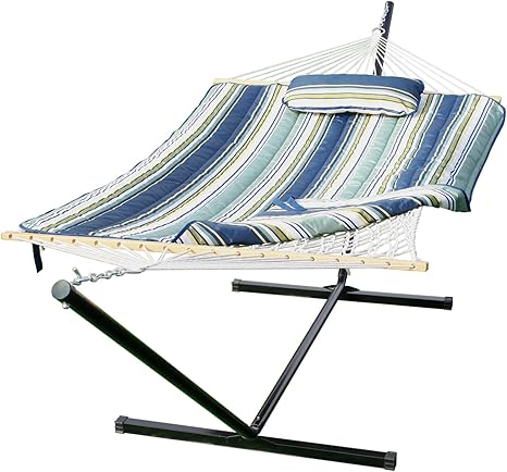 Amazon.com: HENG FENG - hamaca para 2 personas con soporte de acero  portátil de 3,4 metros y barra separadora, almohada y almohadilla  desmontables : Patio, Césped y Jardín