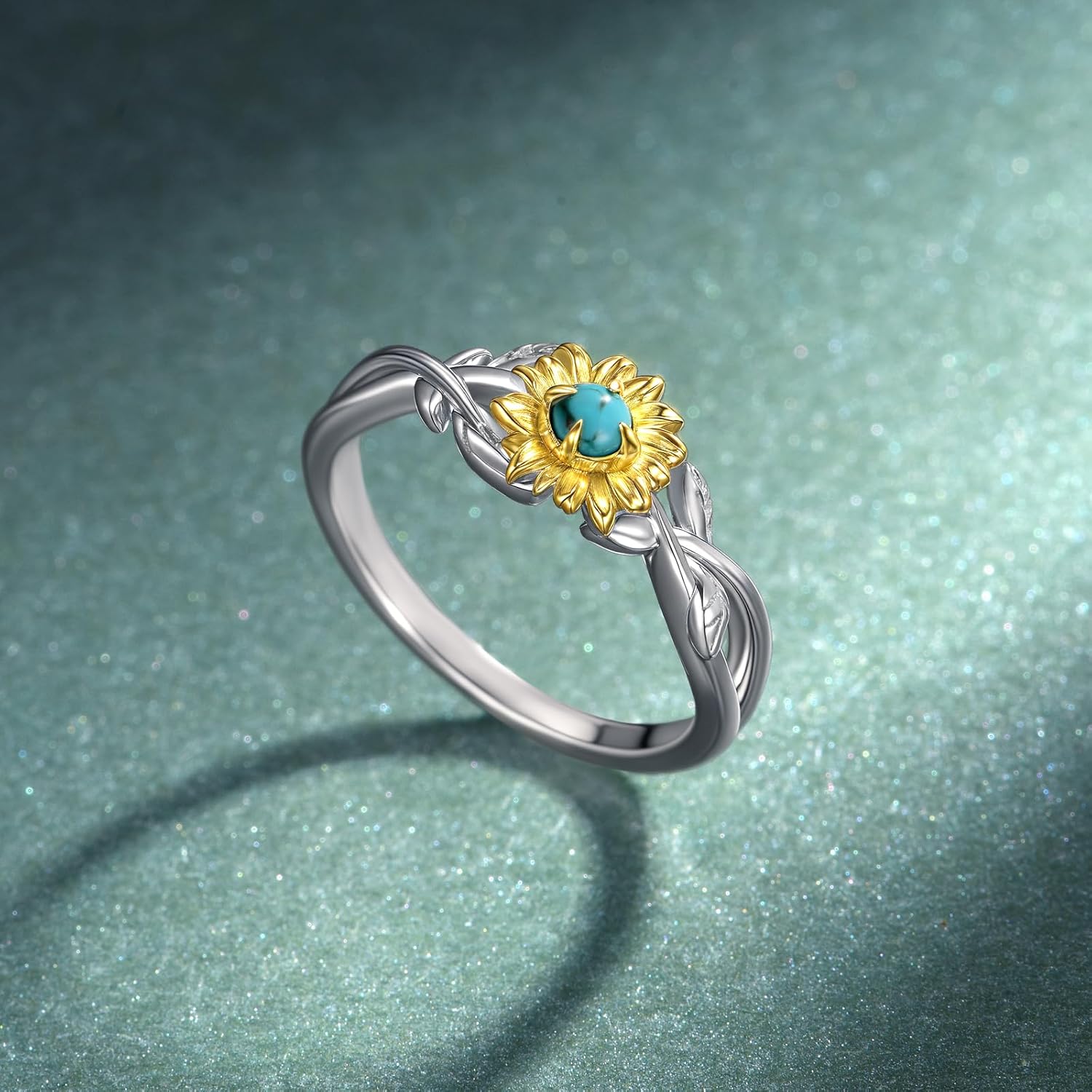Genuine Turquoise Rings 925 Sterling Silver Sunflower Turquoise Rings Western Nature Gemstone Turquoises Jewelry Gifts for Women