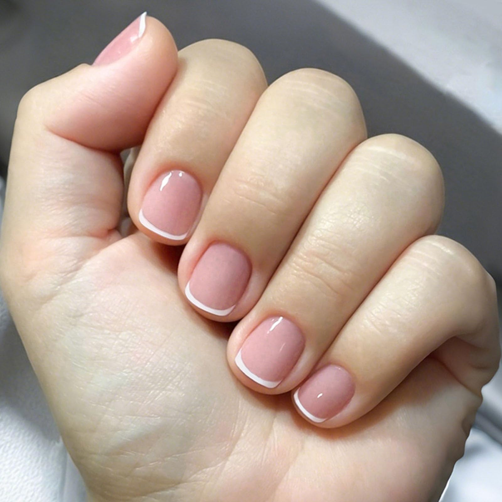 Pink Press on Nails Short Fake Nails White French Tip Nails Press ons Glossy Glue on Nails Daily Wear Simple False Nails Cute Acrylic Nails Artificial