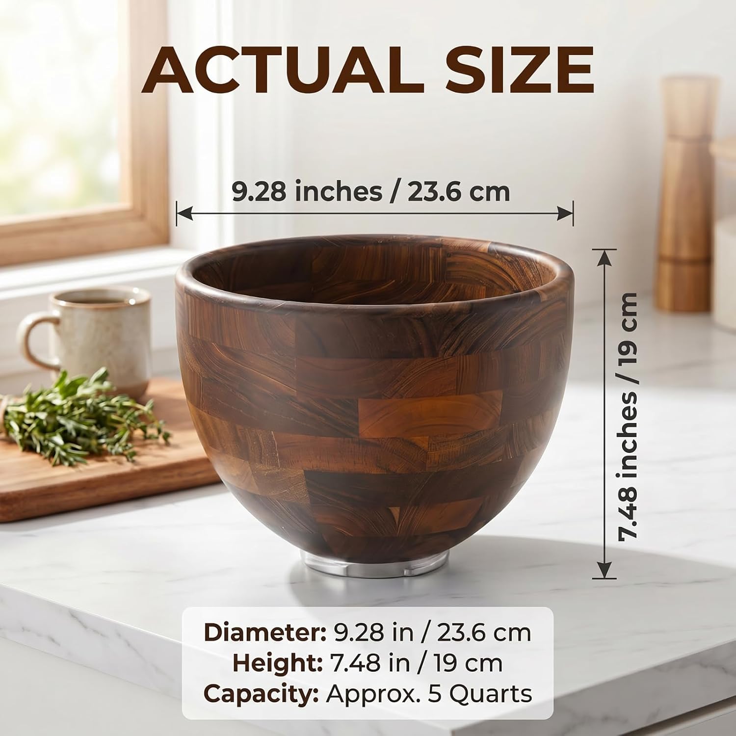 Walnut Wooden Mixing Bowl Compatible with 4.5 & 5 QT Tilt-Head Stand Mixers, 5 Quart Natural Wood Dough Bowl for Baking, Kitchen Prep & Serving