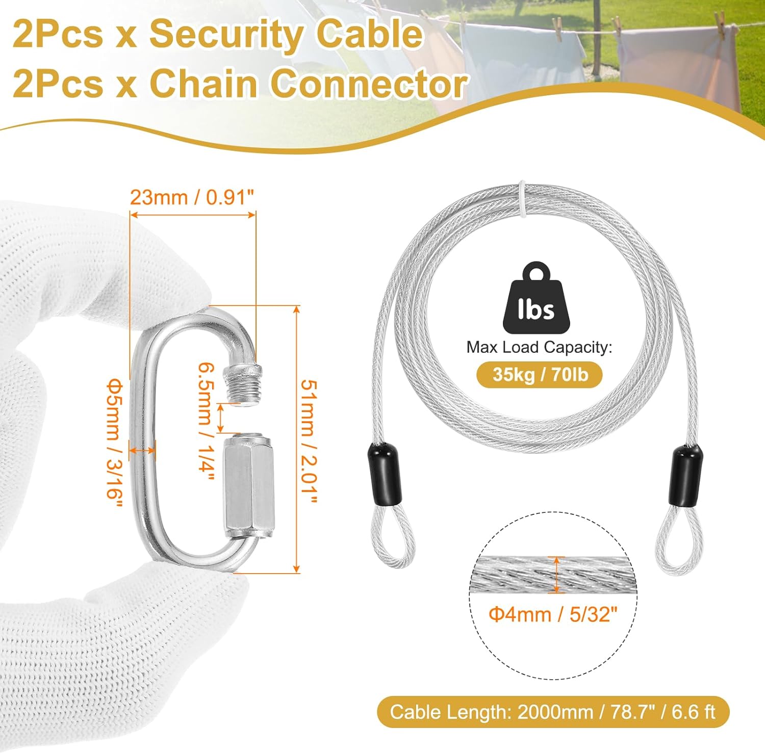 PATIKIL Security Cable Lock (5/32" Dia 6.6ft, Clear)(2 Set) Vinyl Coated 304 Stainless Steel Double Loop Flexible Wire Rope Safety Cable with Quick Links Locking Connectors