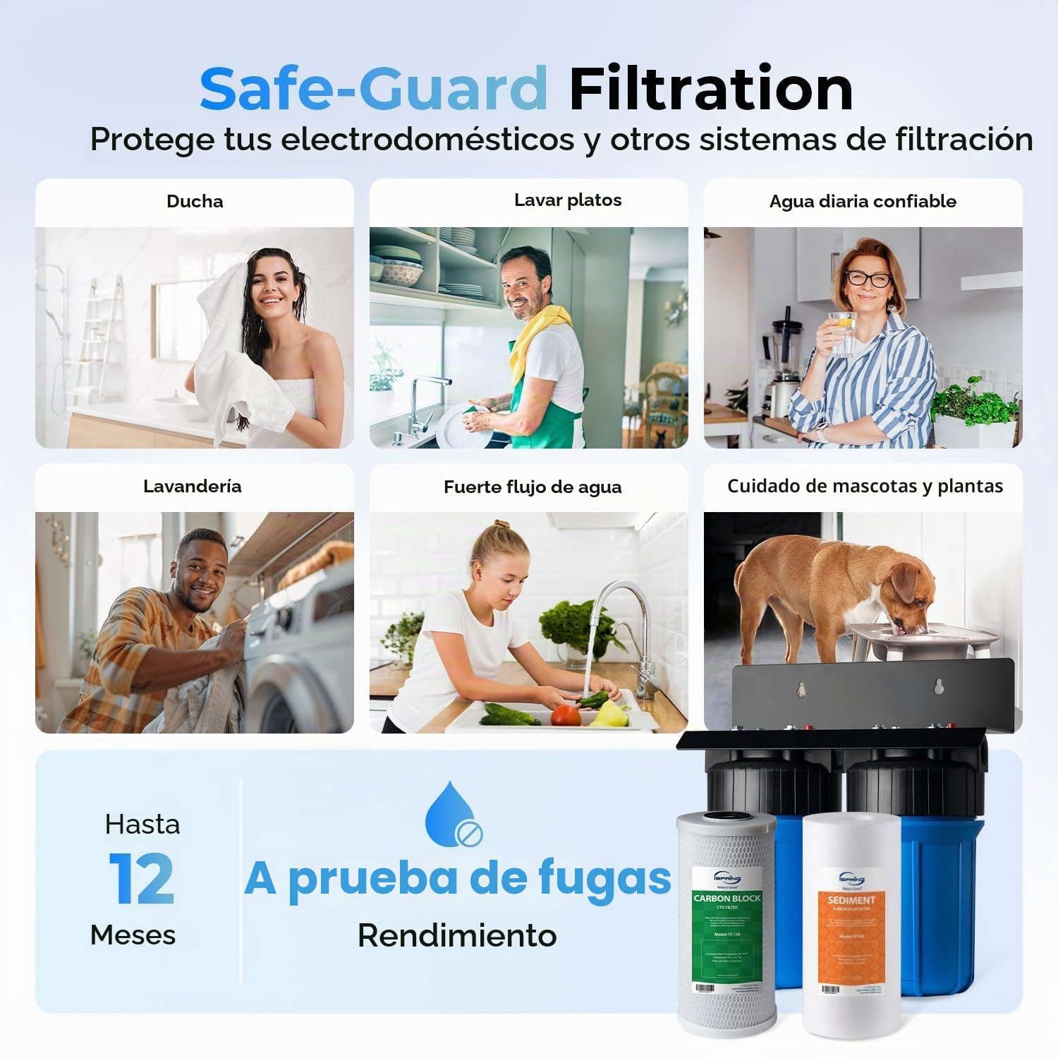 iSpring WGB21B+AH12MN16X2 Sistema de filtración de agua de 2 etapas para toda la casa con conectores de manguera de acero inoxidable trenzado a presión de 0.75 pulgadas y válvula de bola, azul