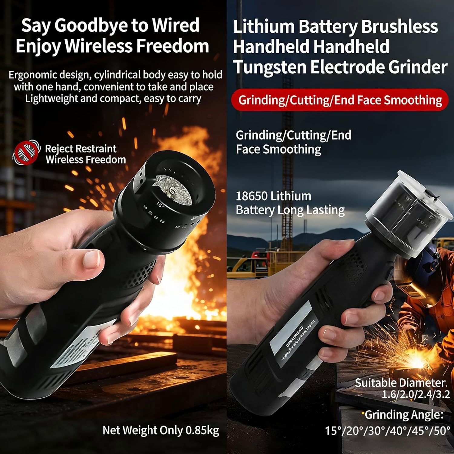 Afilador eléctrico portátil de tungsteno, amoladora de varillas TIG inalámbrica, con pantalla LED, preajustable con 6 ángulos (15°-50°), motor sin escobillas, afilador de electrodos de tungsteno