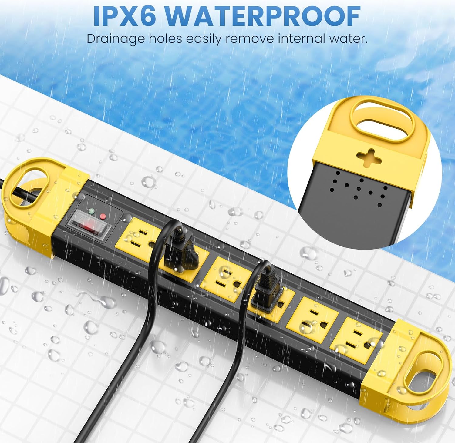 HHSOET GFCI Outdoor Power Strip Weatherproof, Waterproof Surge Protector 2700J with 6 Plug Extender Port, Exterior Long Extension Cord with Multiple Outlets, for Garden, Christmas Decor, 15FT, Yellow