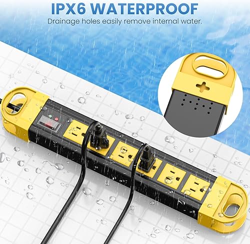 Miniatura 4 de Regleta de alimentación GFCI impermeable IPX6 de 6 salidas con protector de sobretensiones de 2700J, 12A125V1500W, cable de extensión resistente al