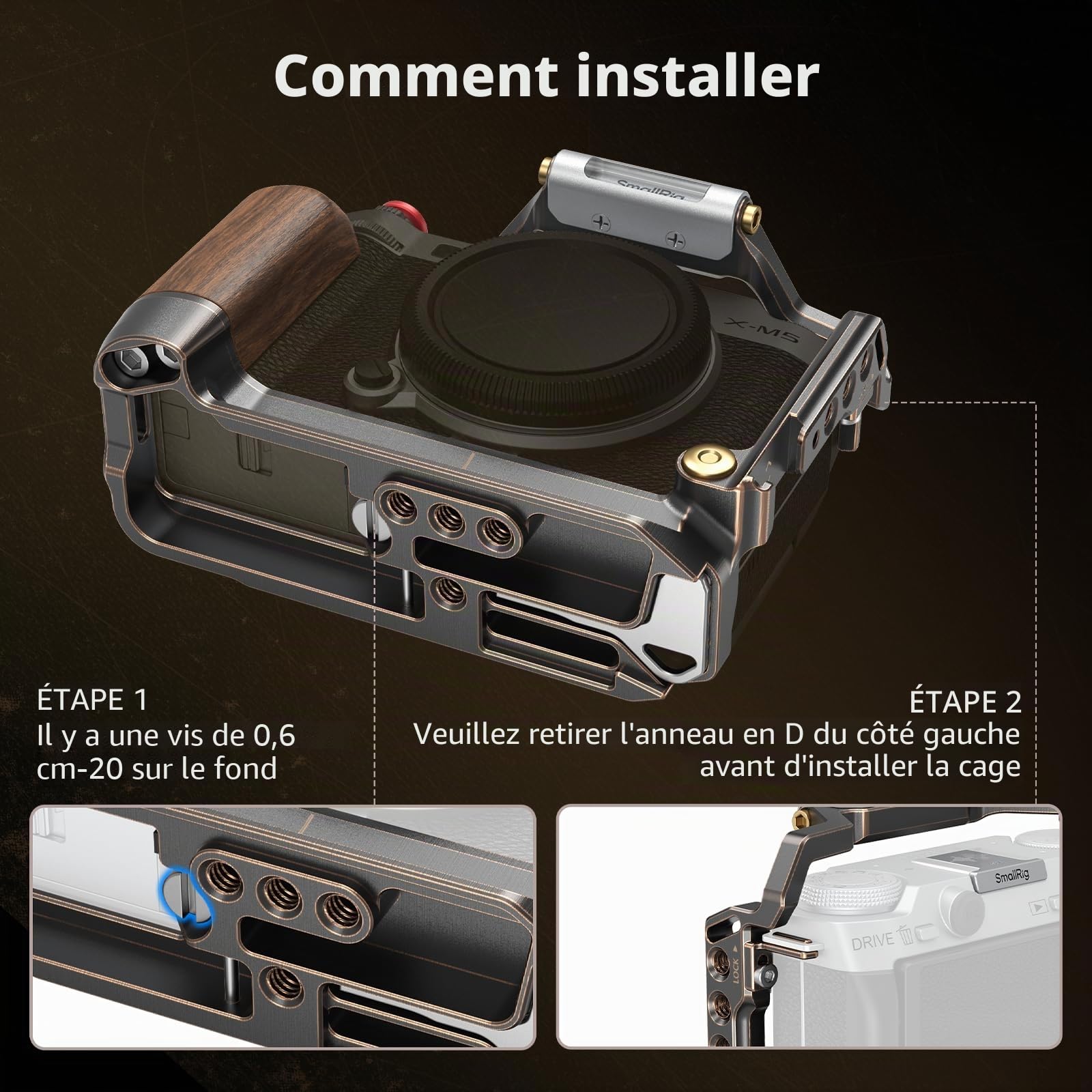 SMALLRIG Cage « Retro » pour FUJIFILM X-M5, avec Poignée en Bois Intégrée et Plaque de Fixation Rapide pour Arca, avec Pare-Brise/Cache-Accessoire/Bouton de Déclenchement de l'obturateur - 4892