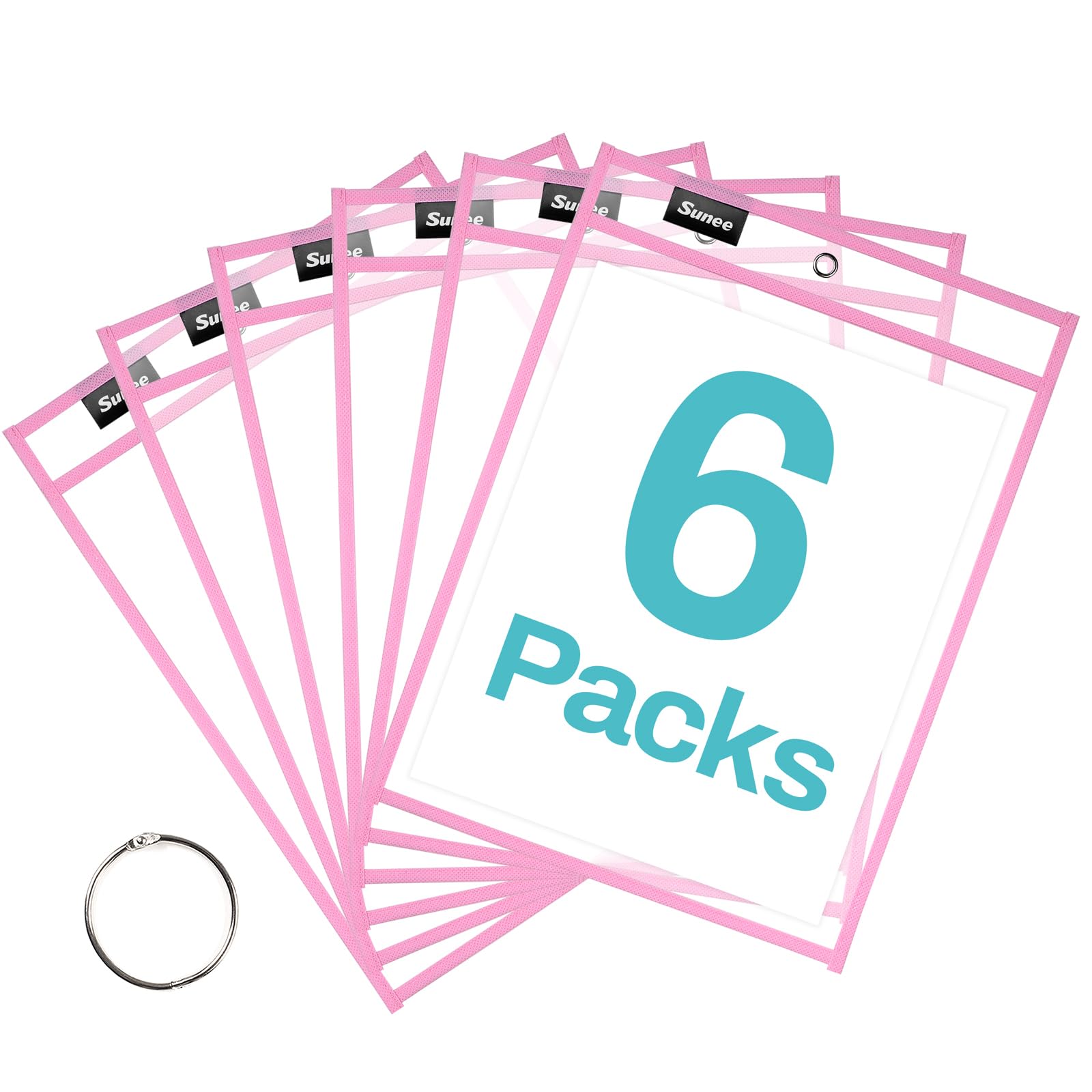 SUNEE 6 Packs Oversized Reusable Dry Erase Pocket Sleeves with Ring, Pink 10x14 Ticket Holders, Clear Plastic Sheet Protectors, Teacher School Classroom Supplies