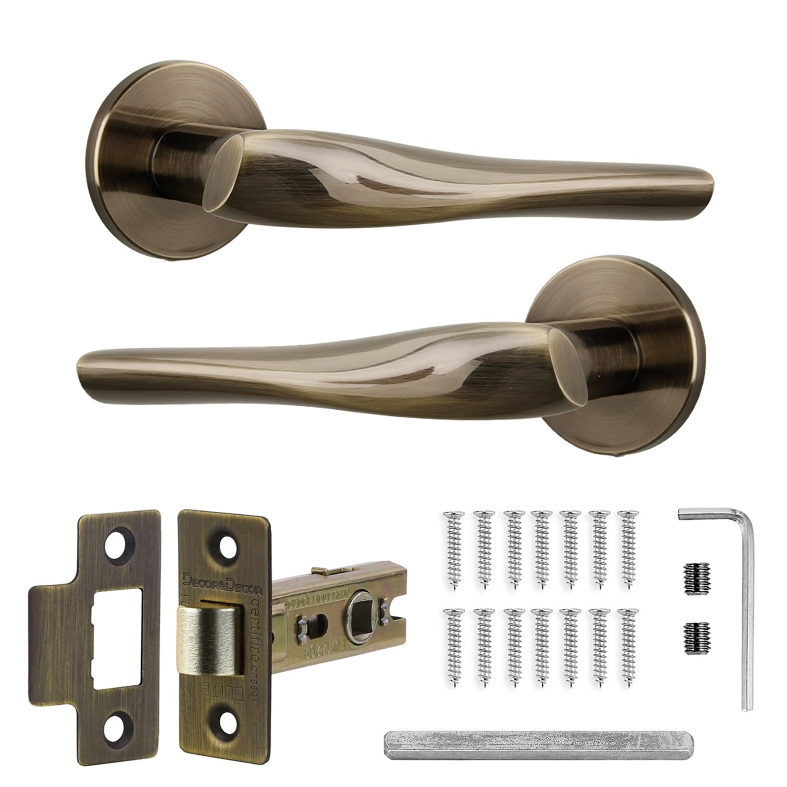 Decoranddecor Nanda Antique Brass Door Handles – Aluminium Door Lever Sets Brass - Internal Door Handles with Tubular Mortice Latch