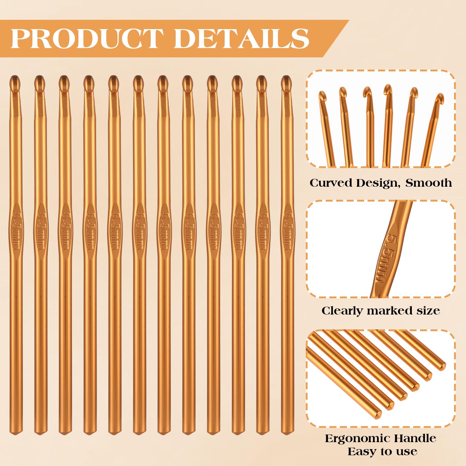 Oruola 12pcs Crochet Hooks 5.5 mm,Size I (Size 9) Knitting Needles for DIY Craft Yarn,Aluminum Crochets Hook Bulk 9 for Knitting Scarf,Great Gift for Crochet Beginners(Orange) - Image 4