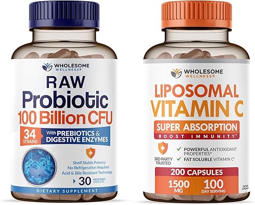 Wholesome Wellness Probióticos orgánicos de 100 mil millones de UFC, formulados por Dr. para mujeres y hombres + cápsulas de vitamina C liposomal